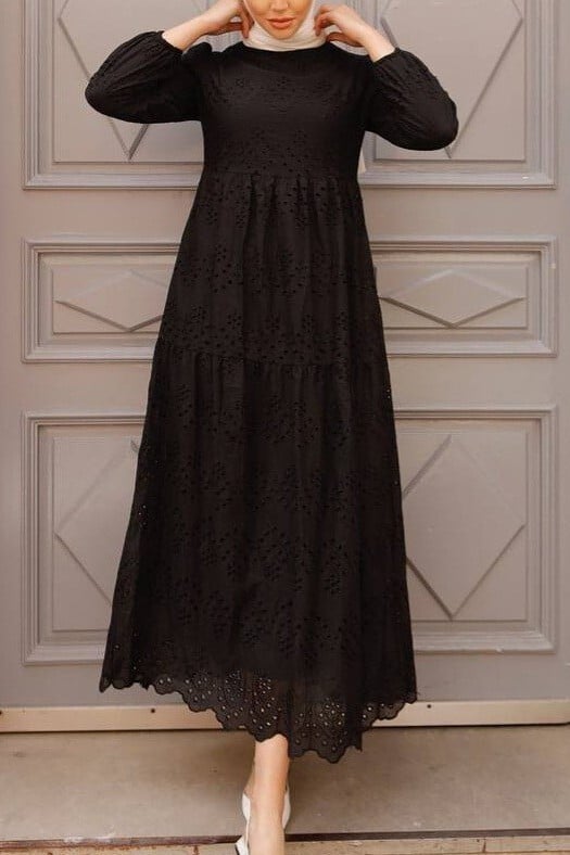 Black Eyelet Midi Dress with Tiered Skirt and Elastic Cuffs - Podyumplus - by Peralane - photo 3