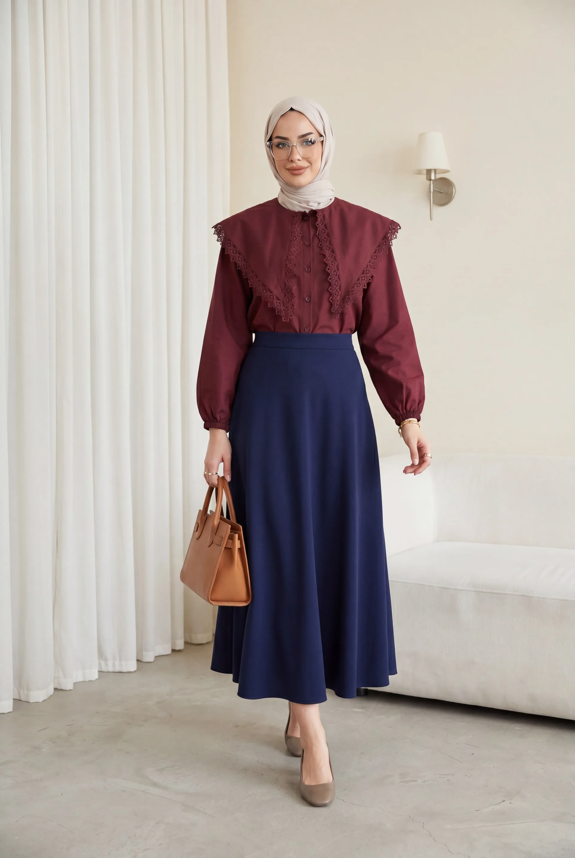 Lace Trim Wide Collar Tie Waist Poplin Blouse - Burgundy - Podyumplus - by Peralane - photo 2