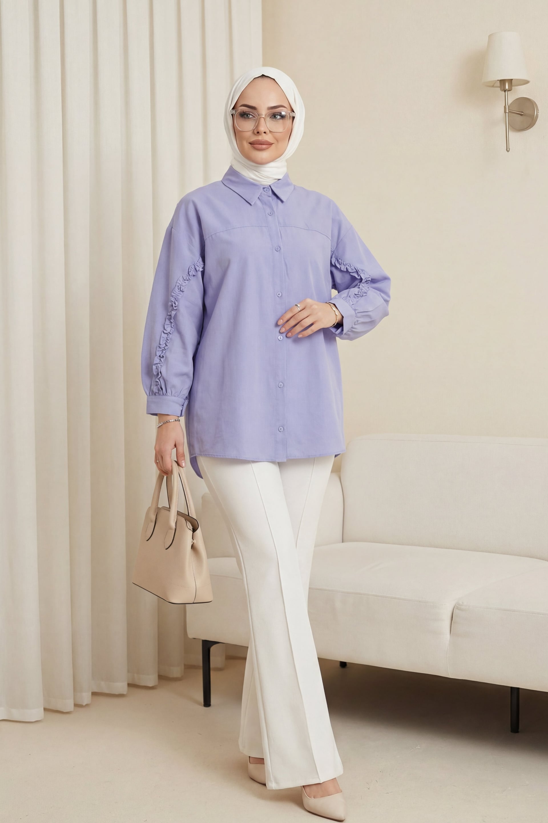 Ruffled Sleeve Button Poplin Shirt - Baby Blue - Podyumplus - by Peralane - photo 2