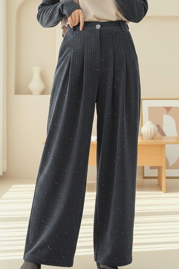 Pleated Wide-Leg Velvet Trousers with Glitter Details - Anthracite - Podyumplus - by Peralane