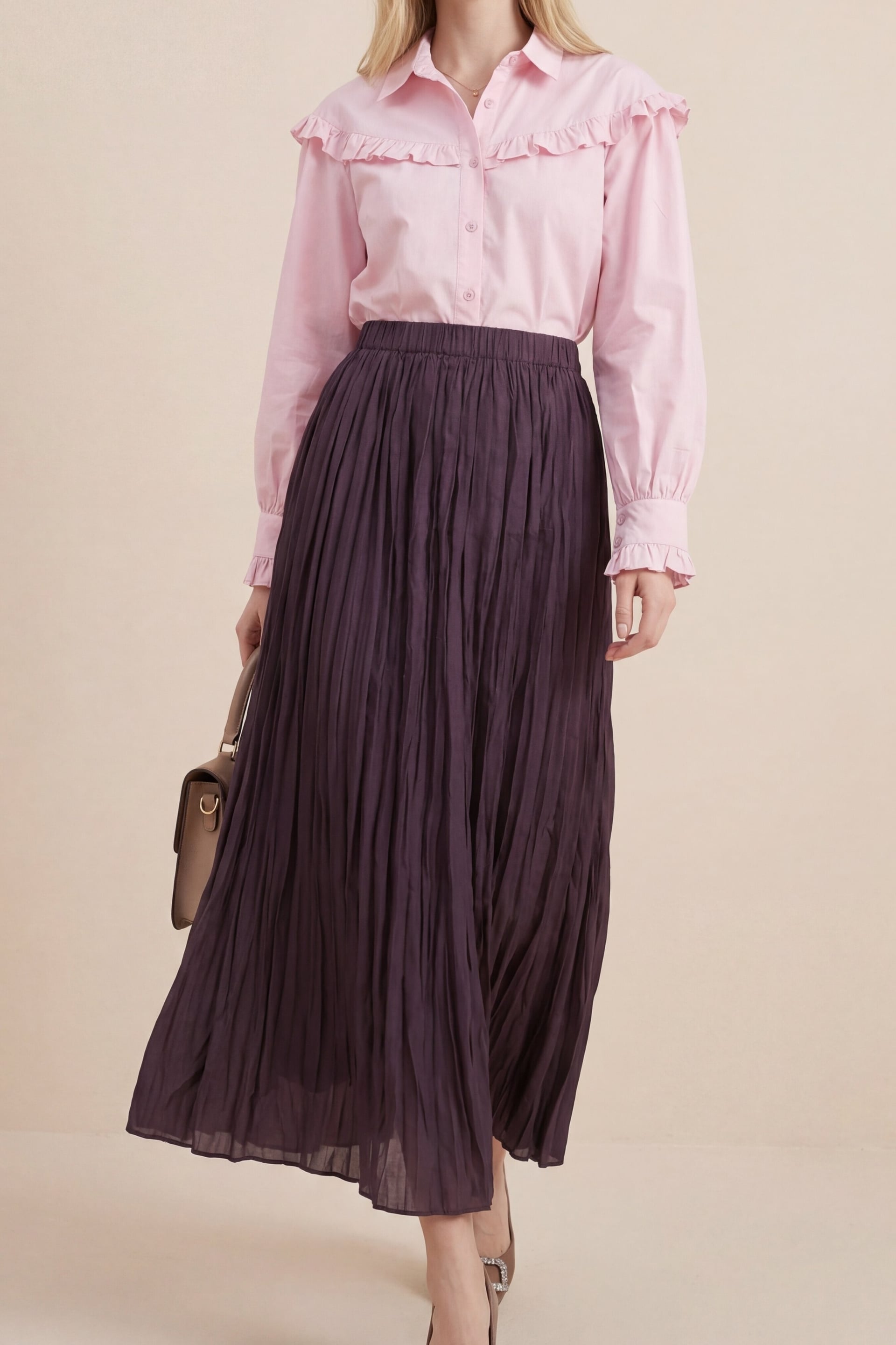 Elasticated Waist Pleated Skirt in Plum - Podyumplus - by Peralane