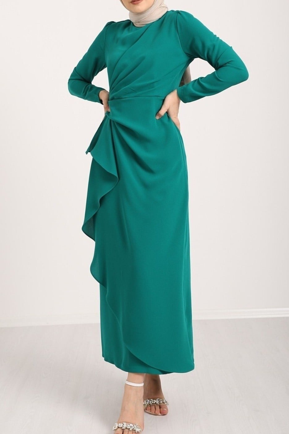 Asymmetric Krep Dress with Draped Front - Emerald - Podyumplus - by Peralane - photo 4