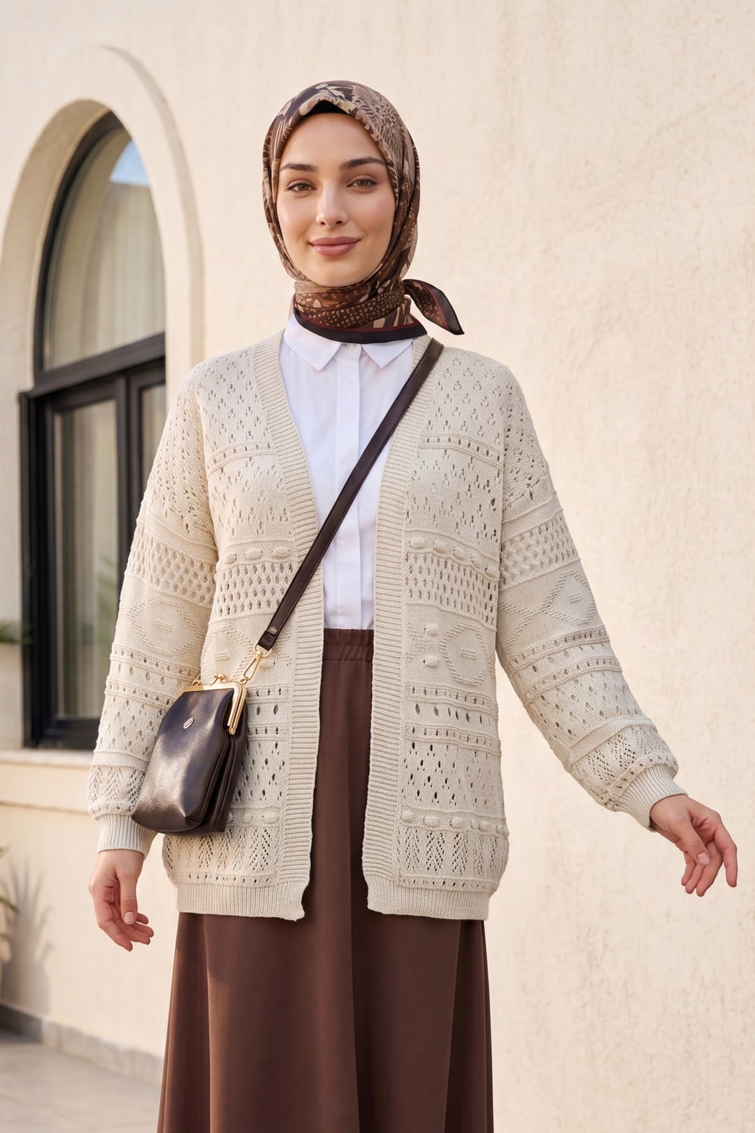 Open-Knit Bobble Detail Patterned Cardigan - Stone - Podyumplus - by Peralane - photo 2