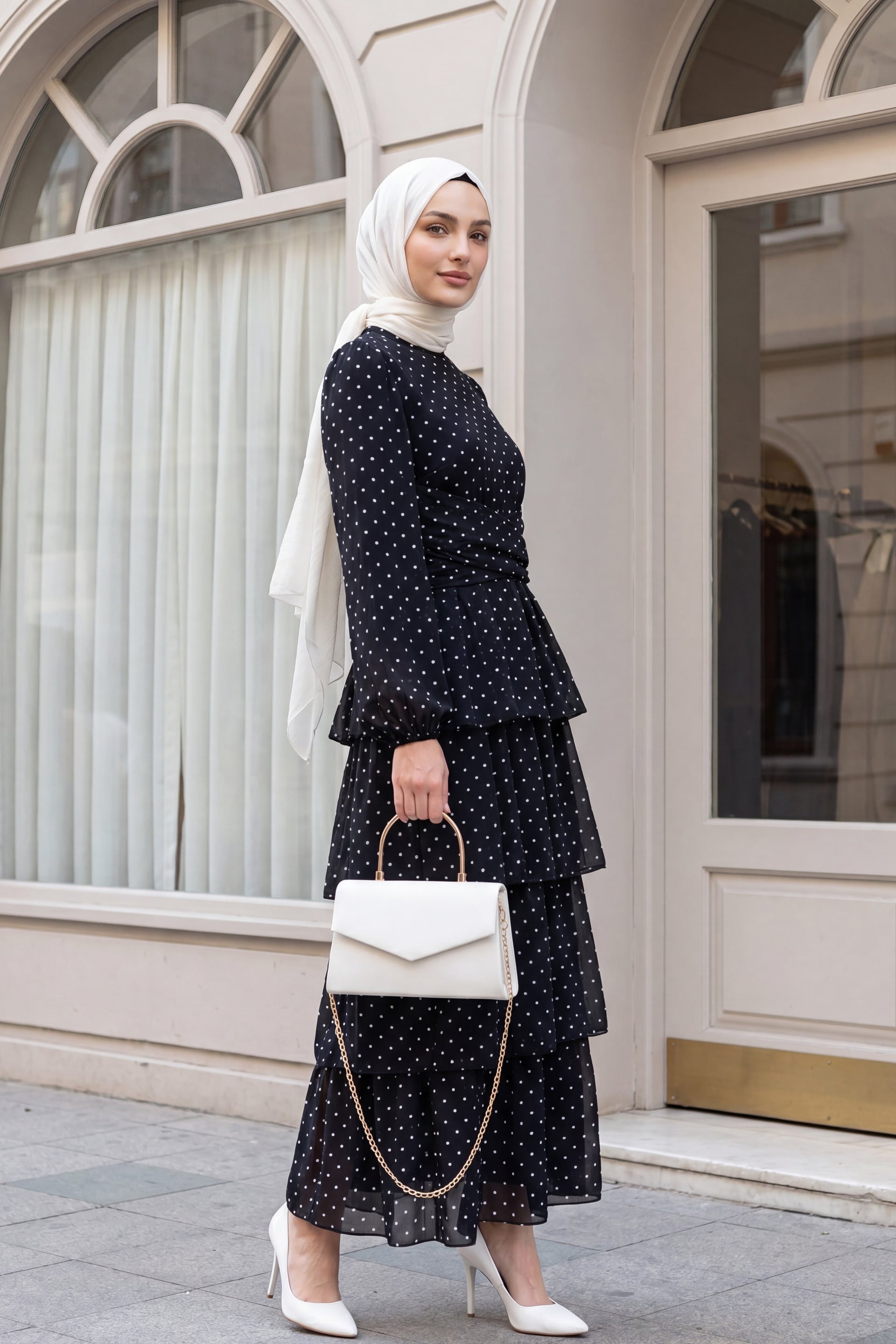 Tiered Polka Dot Chiffon Dress with Cross Tie Waist - Black - Podyumplus - by Peralane - photo 4