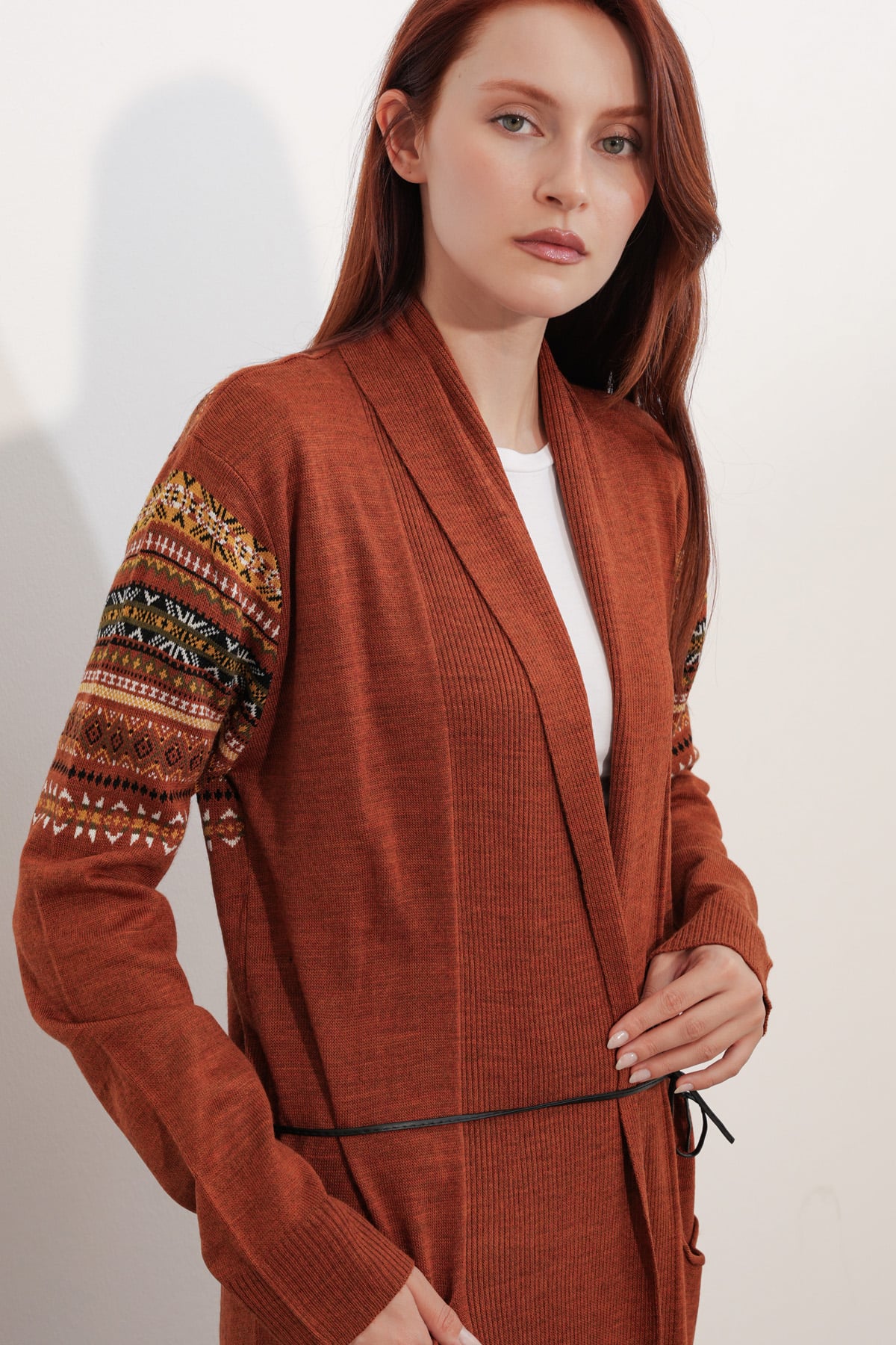 Long Knit Cardigan with Belt - Rust - Bigdart - by Peralane - photo 4