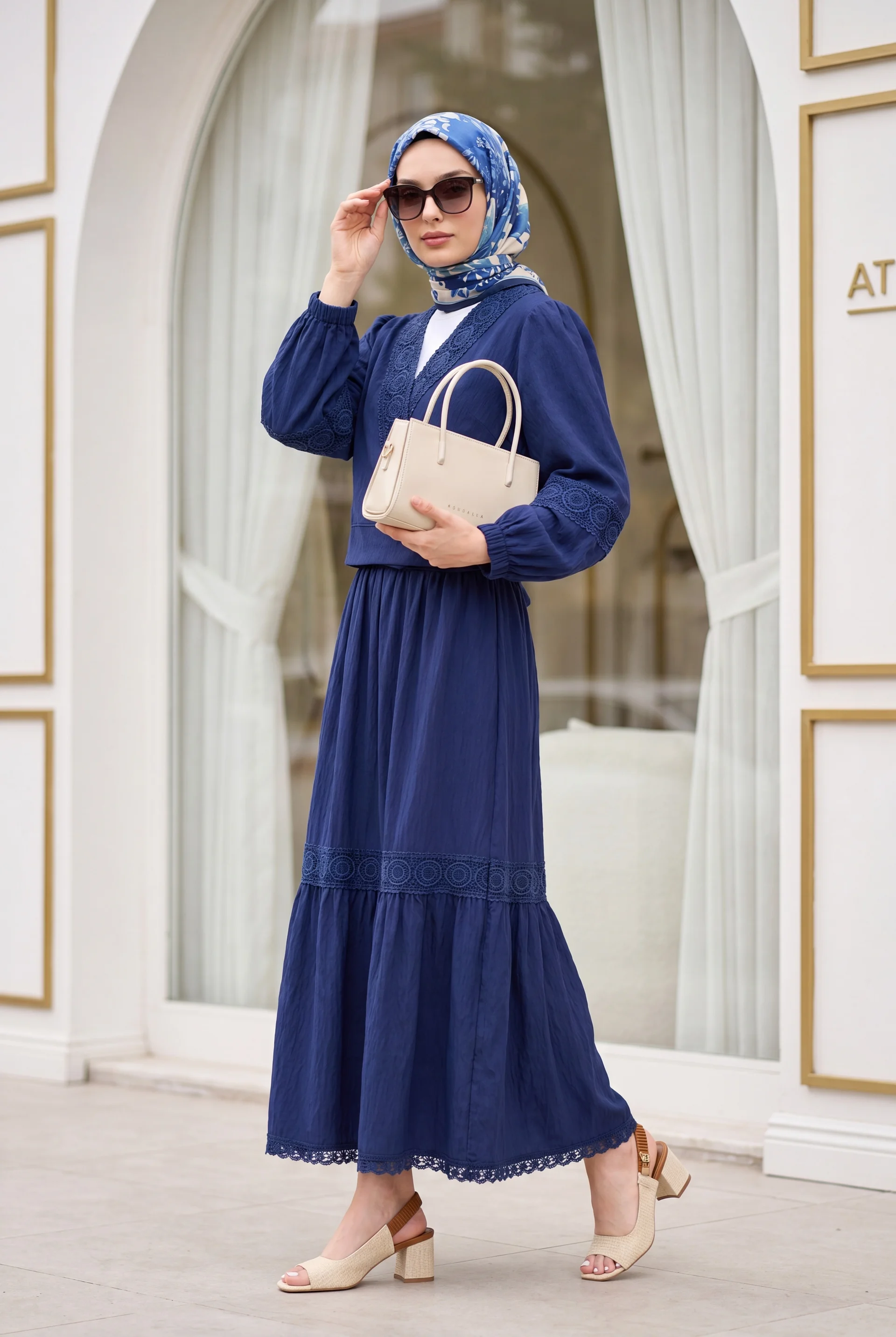 Lace Trim Tie-Front Two-Piece Set with Long Maxi Skirt - Navy Blue - Podyumplus - by Peralane - photo 3