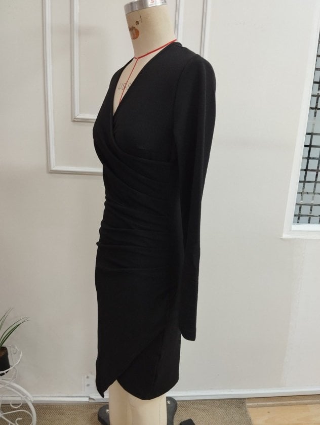 Women's Long Sleeve Wrap V-Neck Dress with Side Ruched Tulip Hem - Janes - by Peralane - photo 5