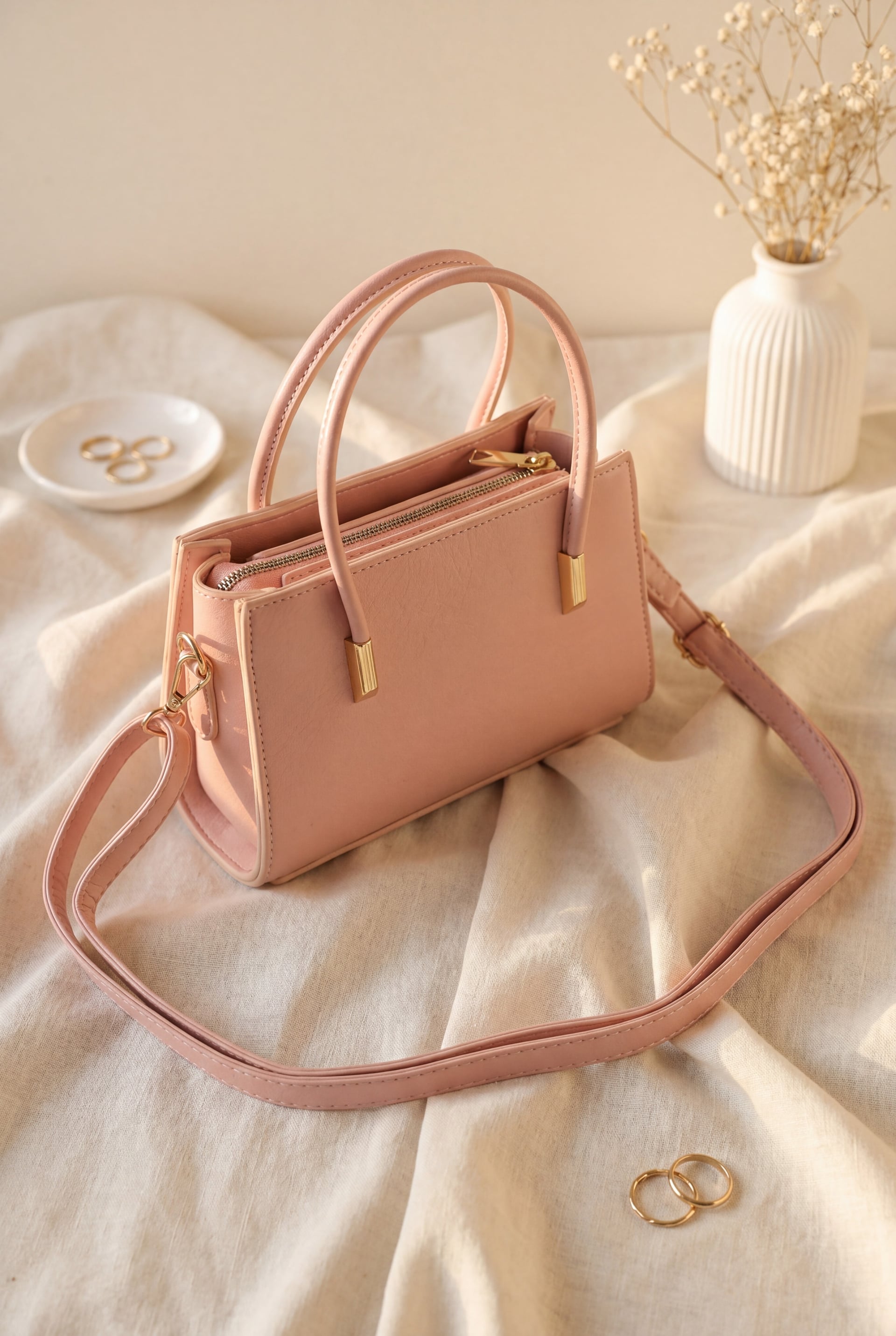 Zippered Faux Leather Handbag with Handles and Long Strap - Powder Pink - Podyumplus - by Peralane - photo 2