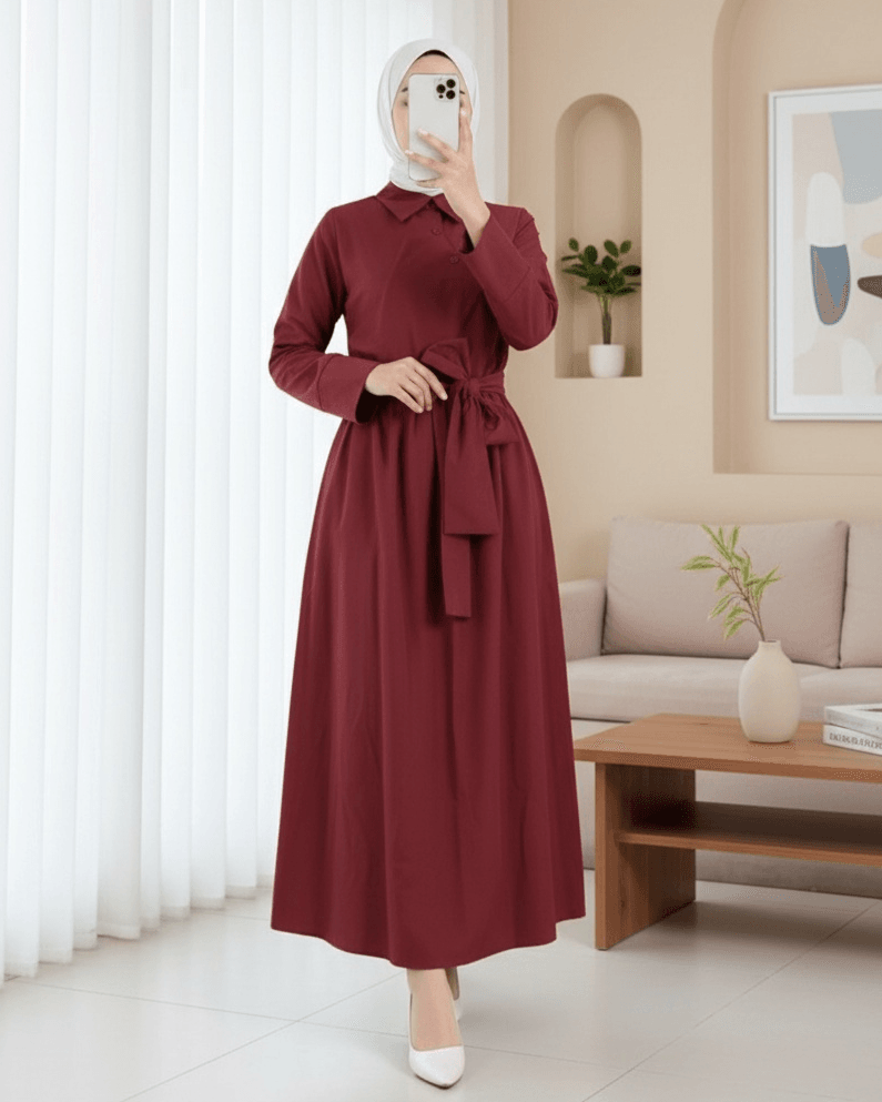 Cross Button Wrap Belt Shirt Collar Dress - Burgundy - Podyumplus - by Peralane - photo 2