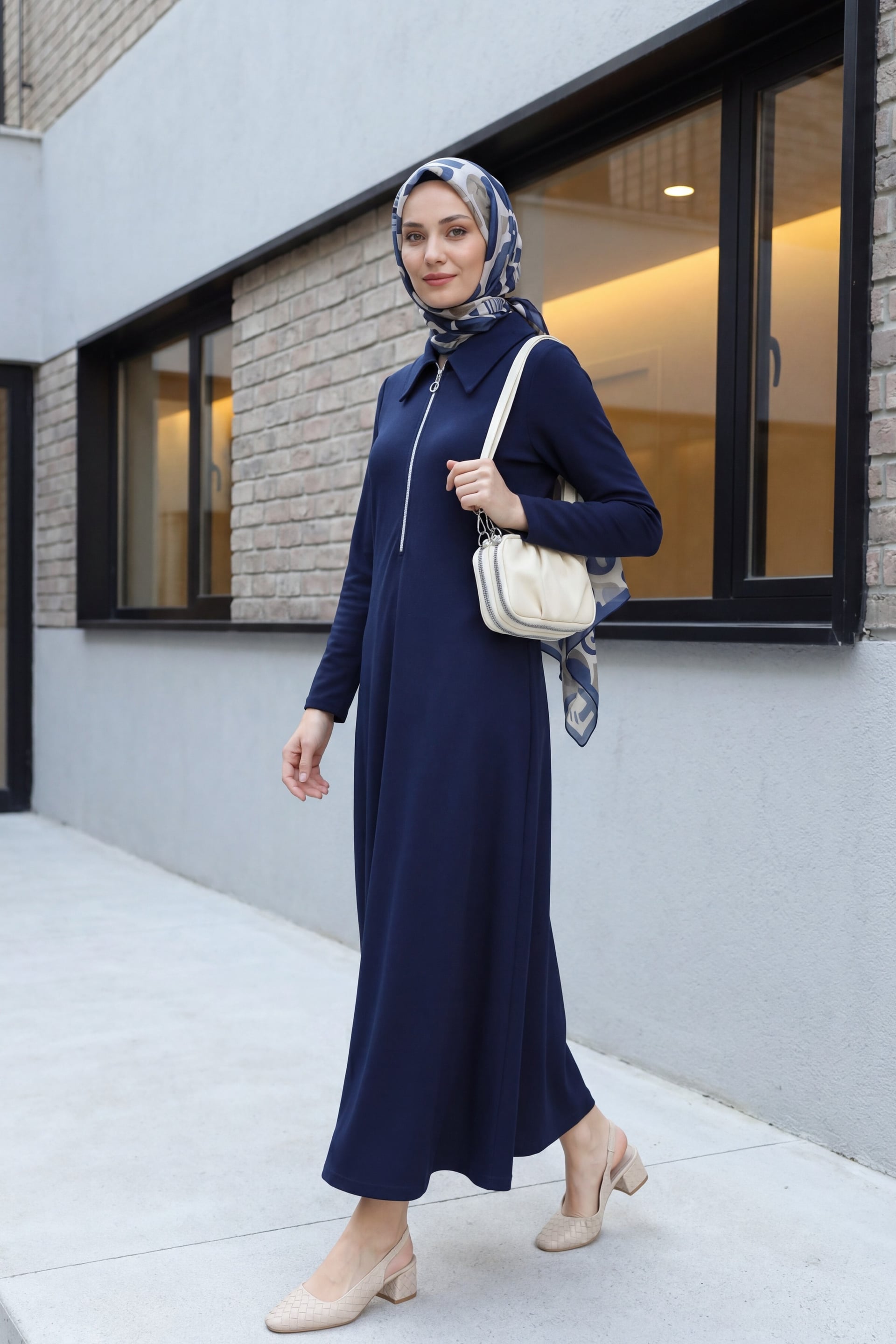 Half Zip Collared Long Oysho Dress - Navy Blue - Podyumplus - by Peralane - photo 3