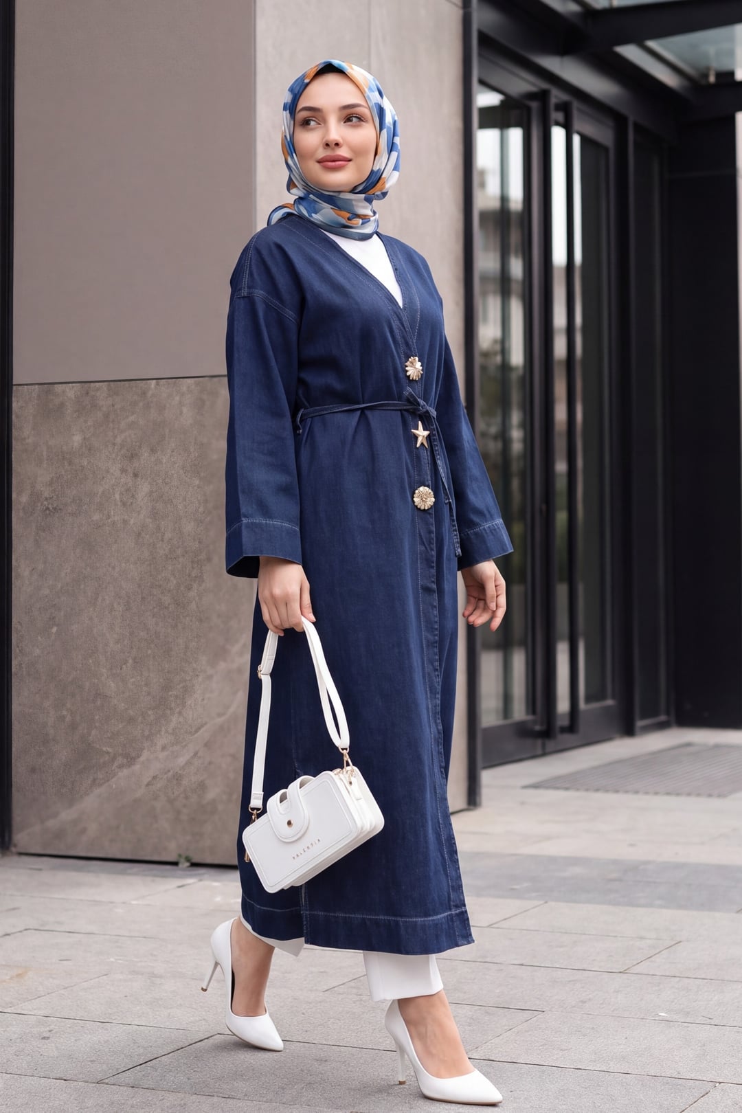 Long Denim Kimono with Tie Waist and Brooch Detail - Navy - Podyumplus - by Peralane - photo 2