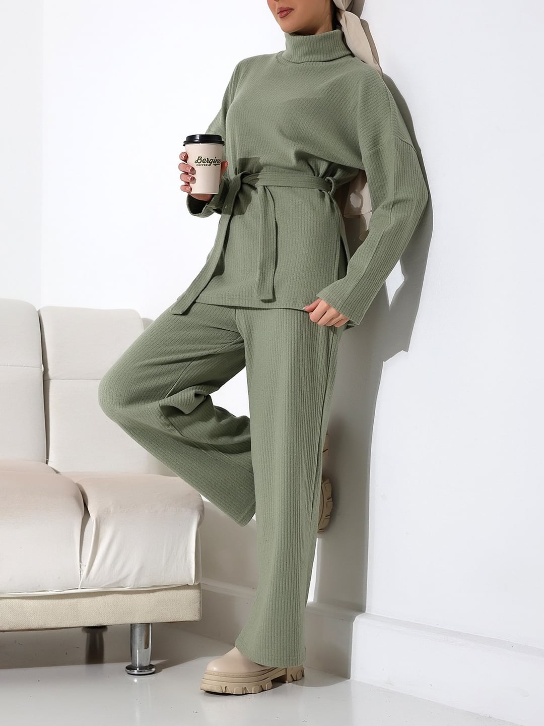 Half Turtleneck Ribbed Knit Lounge Set with Belt - Sage Green - Podyumplus - by Peralane - photo 3