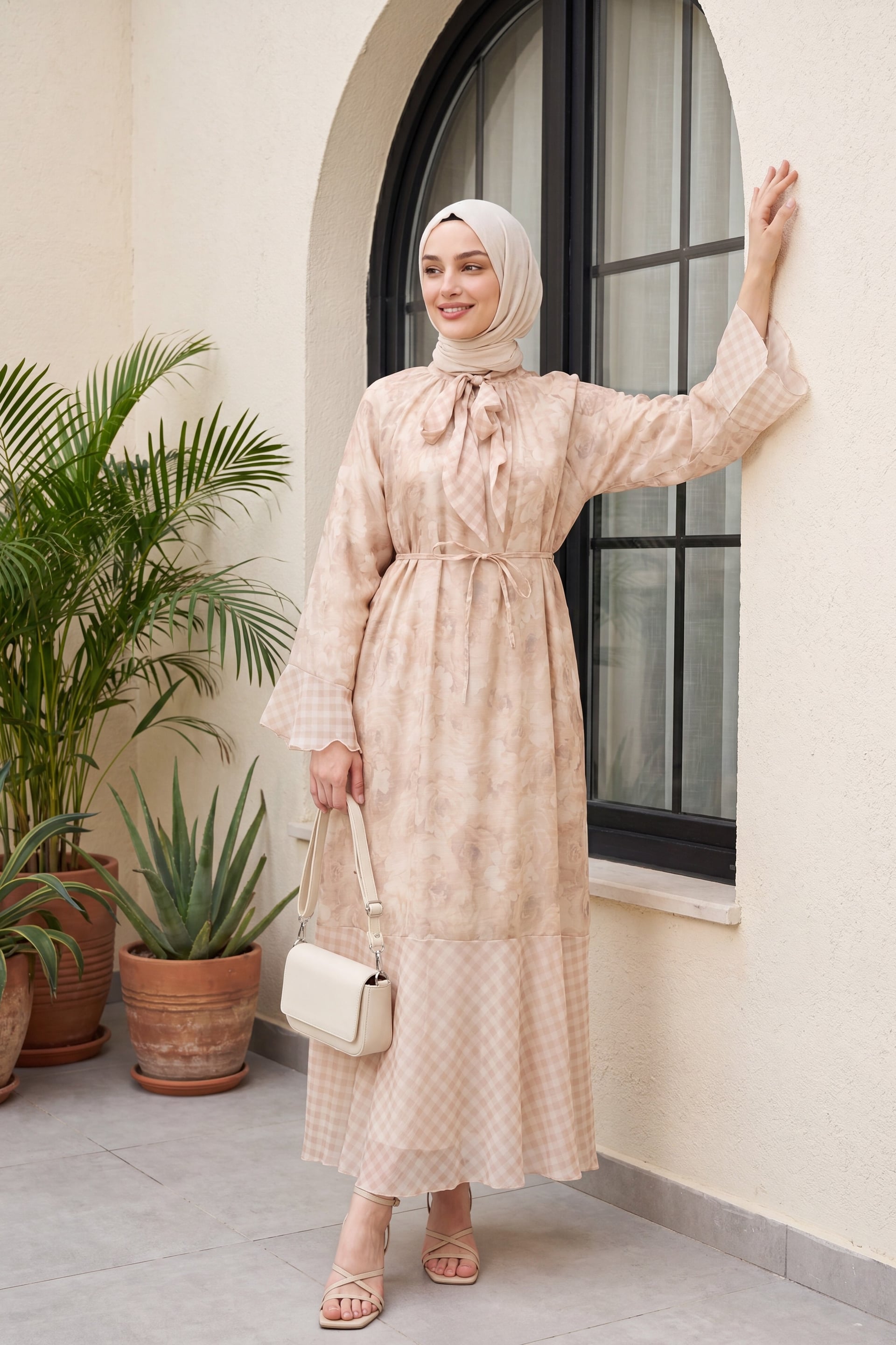 Tie-Neck Floral Gingham Chiffon Dress - Light Beige - Podyumplus - by Peralane - photo 2