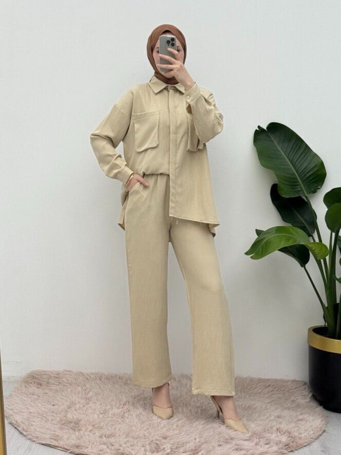 Beige Linen Look Two-Piece Set with Bellows Pockets - Podyumplus - by Peralane - photo 7