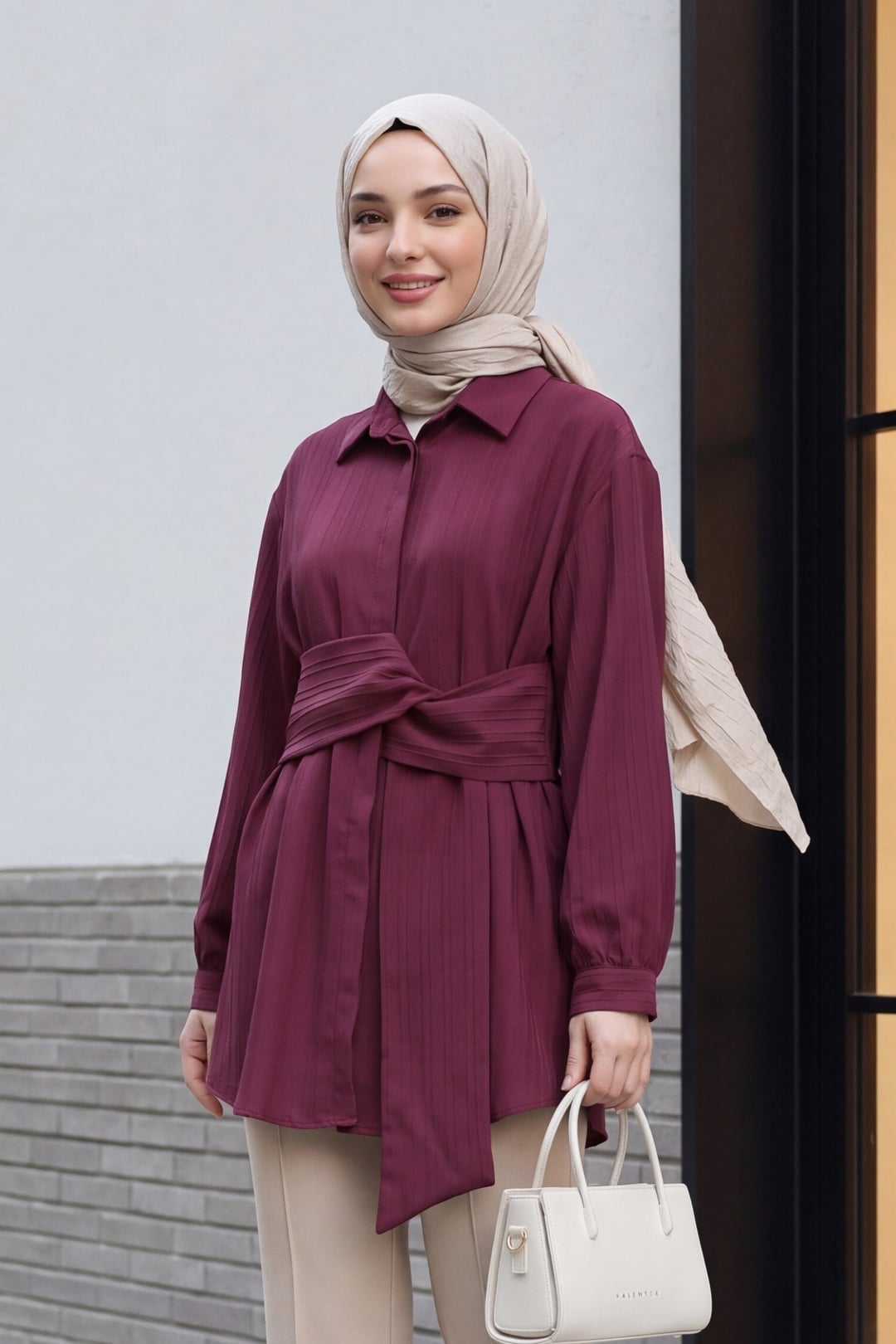 Burgundy Tie-Belt Crinkle Tunic with Ribbed Texture - Podyumplus - by Peralane