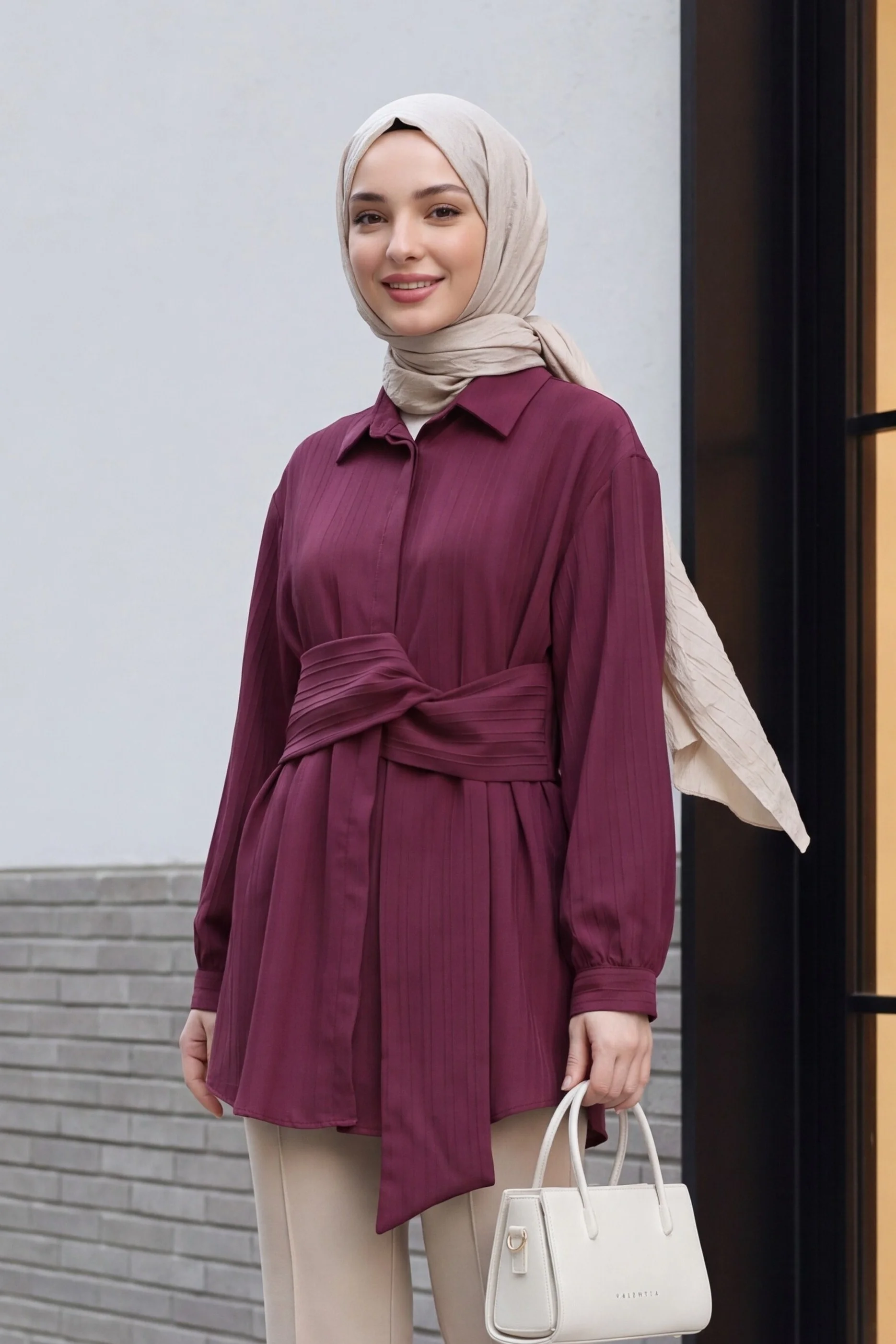 Burgundy Tie-Belt Crinkle Tunic with Ribbed Texture - Podyumplus - by Peralane