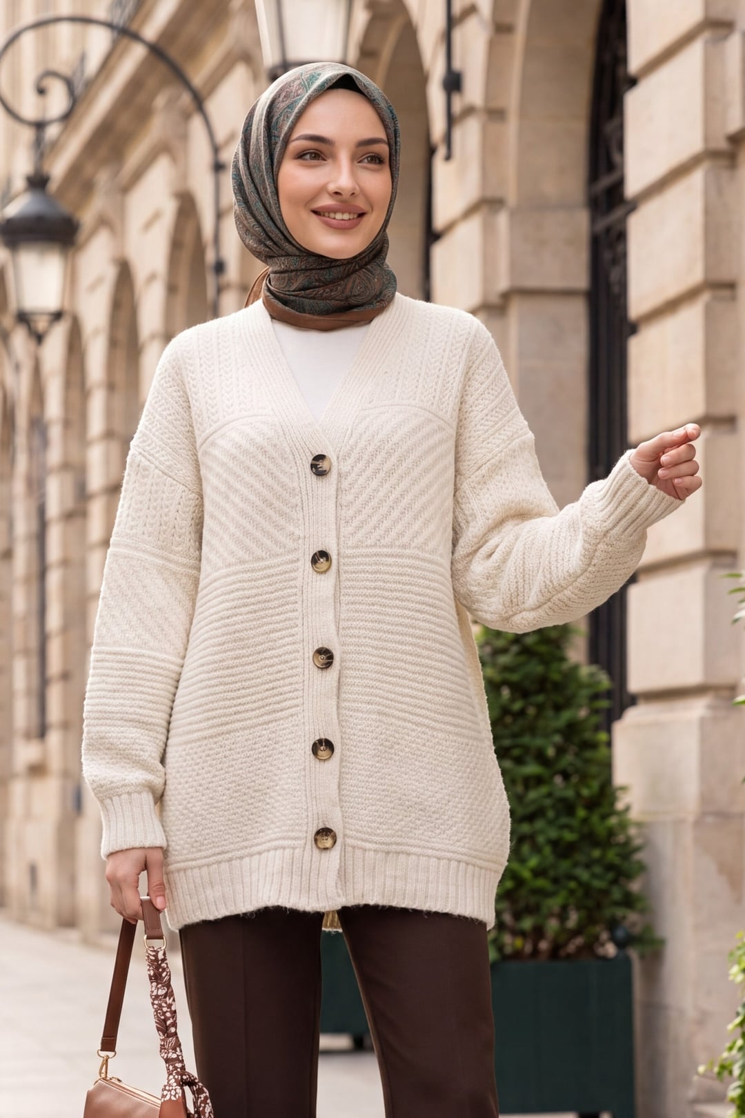 V-Neck Button-Front Relaxed Knit Cardigan - Stone - Podyumplus - by Peralane - photo 2