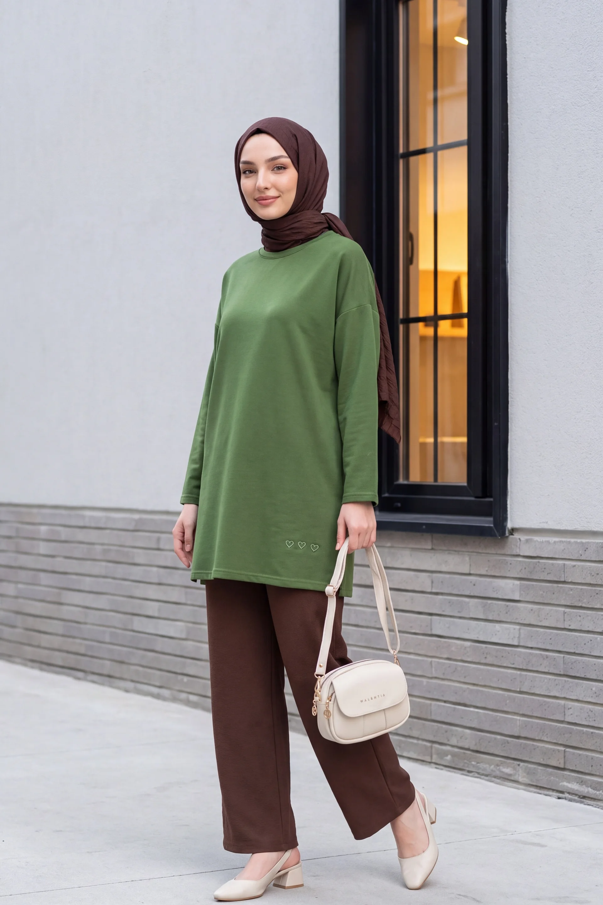 Heart Detail Slit Relaxed Knit Tunic - Olive Green - Podyumplus - by Peralane - photo 2