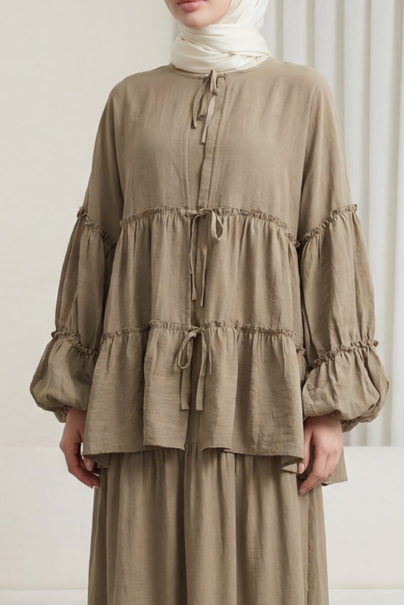 Tie-Front Layered Modal Blouse with Elastic Cuffs - Khaki - Podyumplus - by Peralane - photo 2