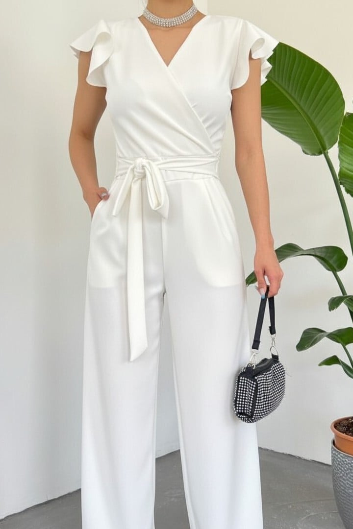 White Flutter Sleeve Wrap Jumpsuit with Belt - Podyumplus - by Peralane - photo 3