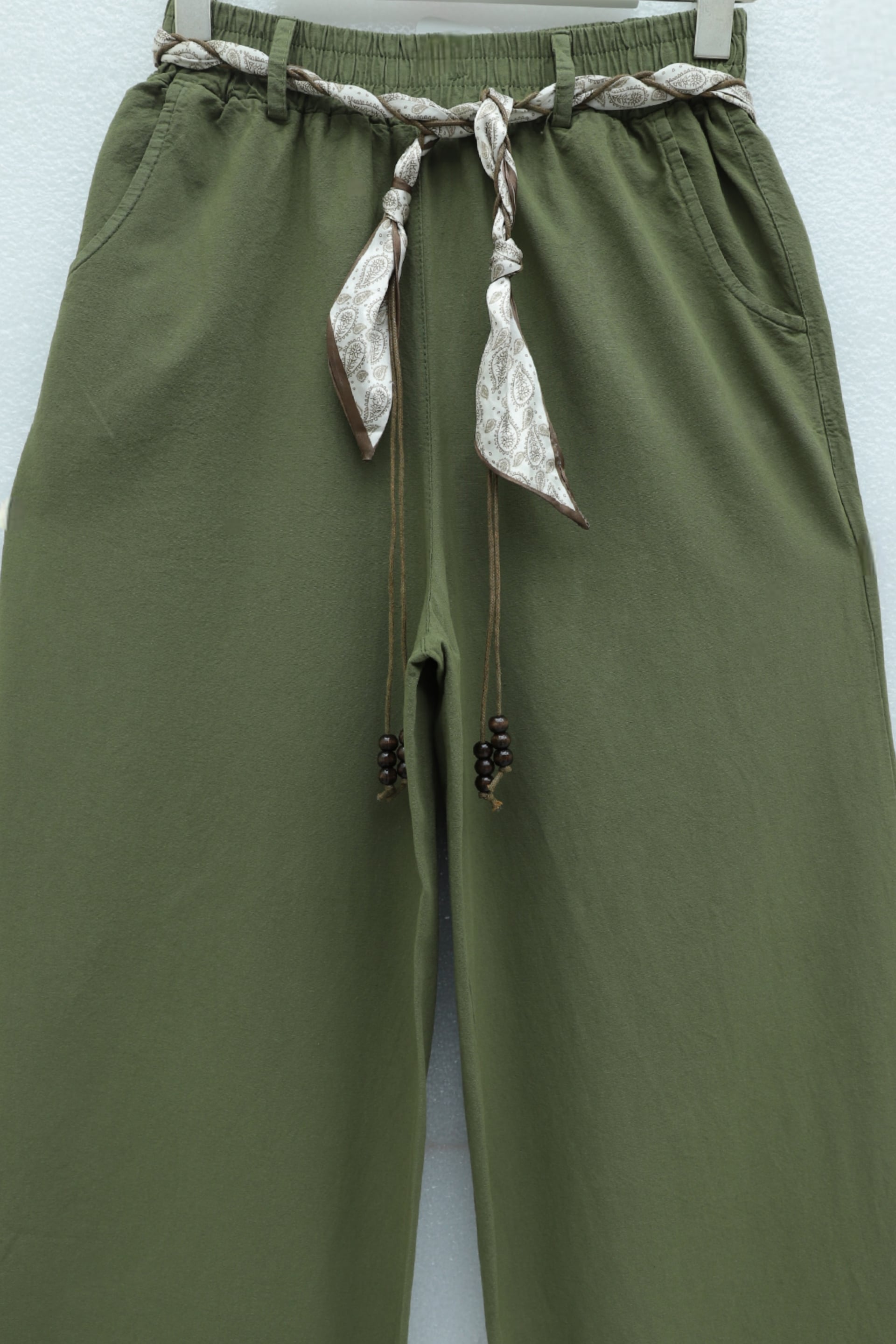 Olive Green Wide-Leg Elasticated Waist Trousers with Belt and Pockets - Podyumplus - by Peralane - photo 5