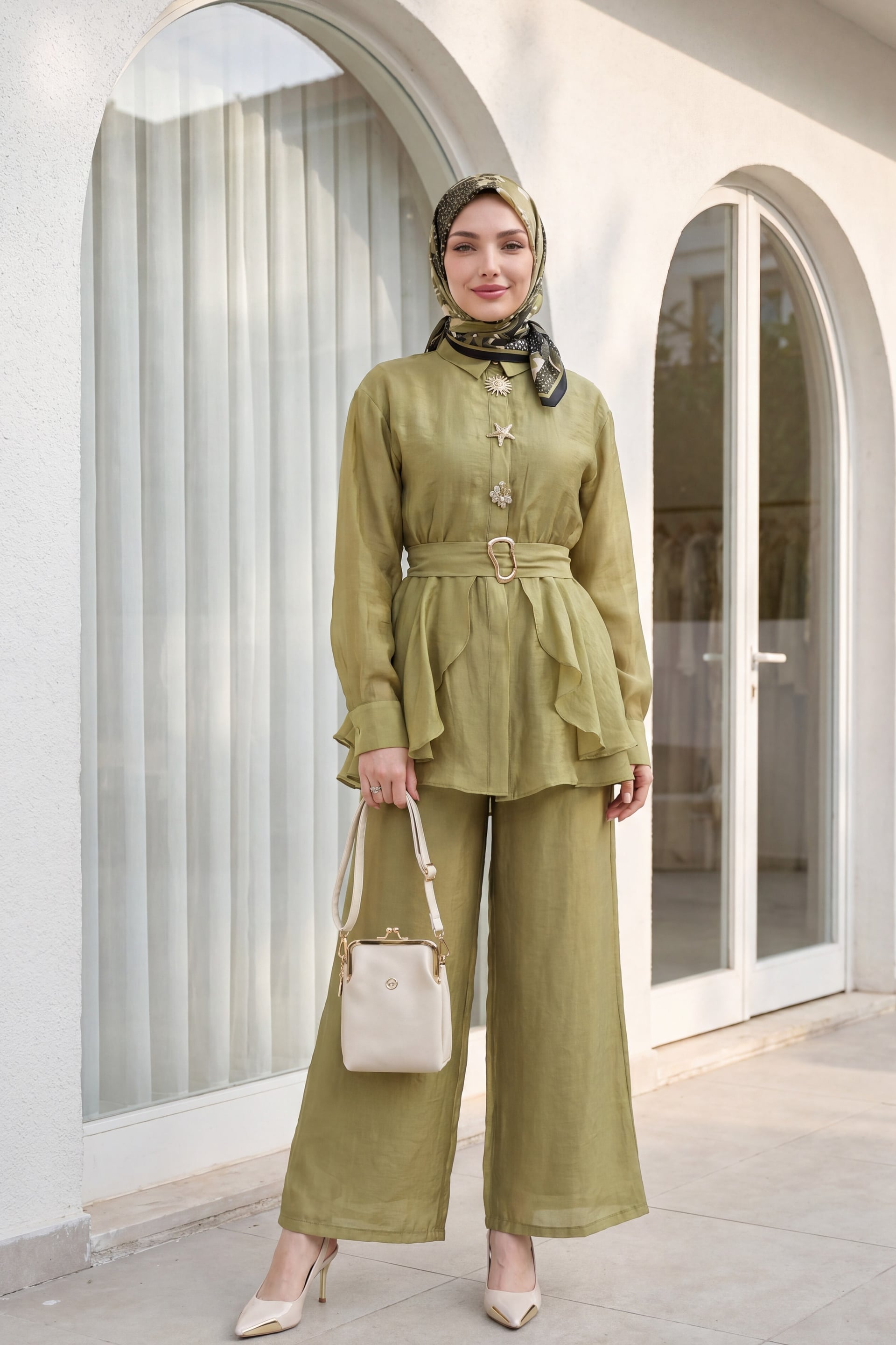 Olive Green Lined Two-Piece Set with Belted Blouse and Wide-Leg Trousers - Podyumplus - by Peralane