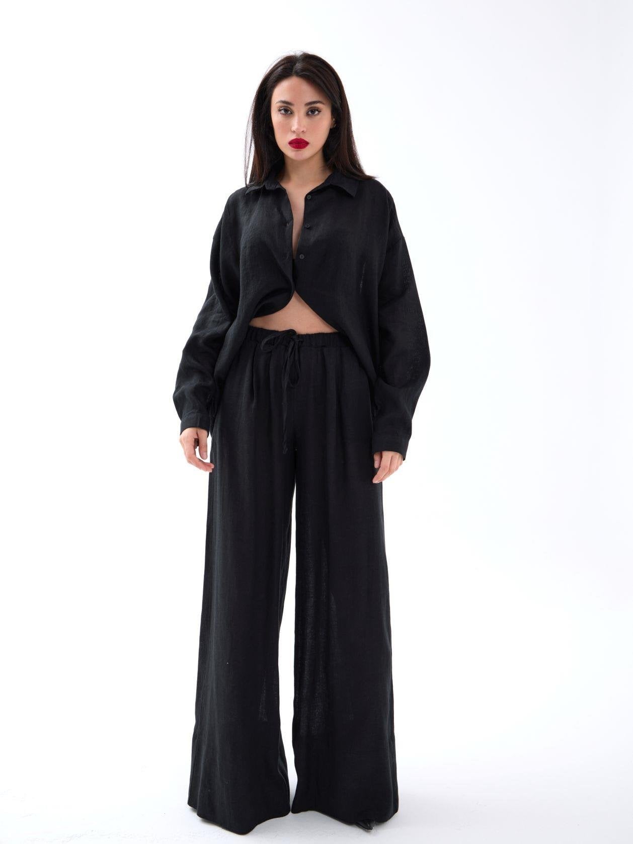 Black Linen Shirt and Wide-Leg Trouser Set - Fame - by Peralane