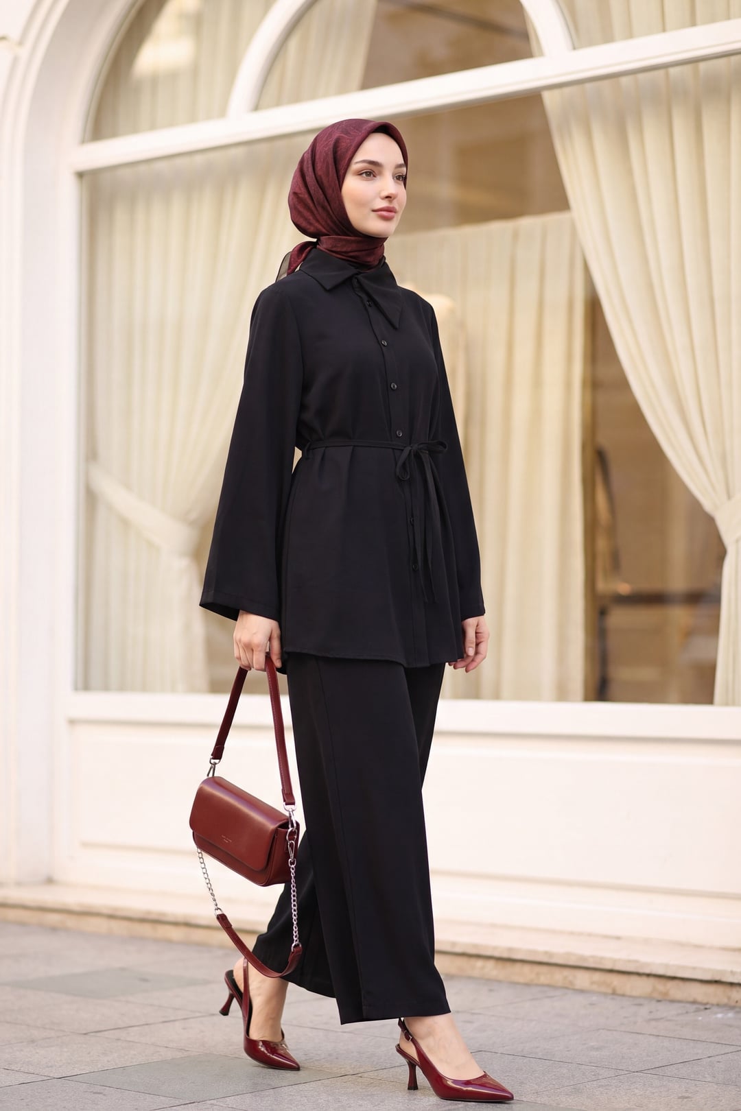 Side-Collar Button Belted Modal Tunic and Trousers Set - Black - Podyumplus - by Peralane - photo 2