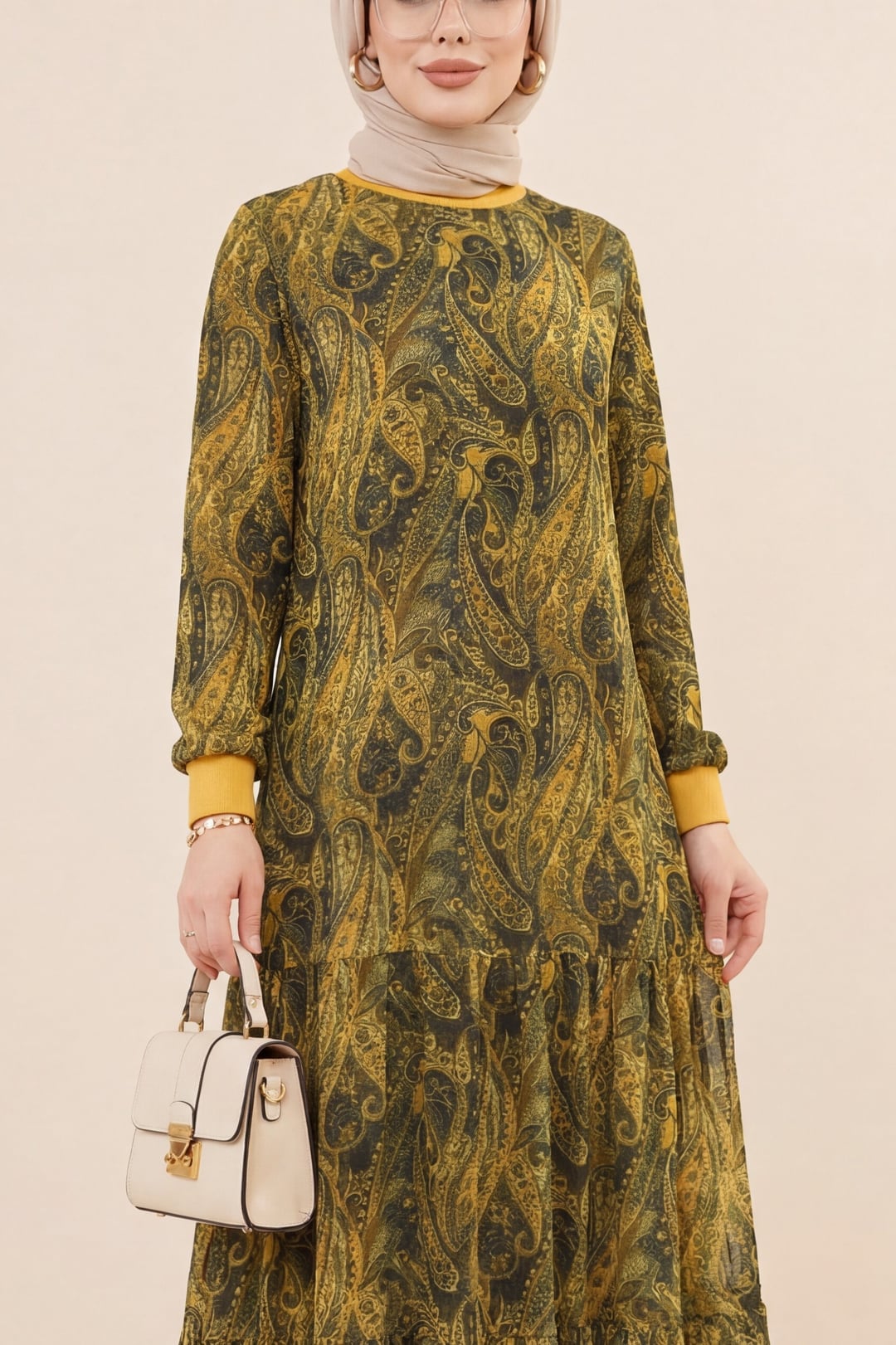 Ethnic Print Tiered Lined Chiffon Dress - Olive Green - Podyumplus - by Peralane - photo 5