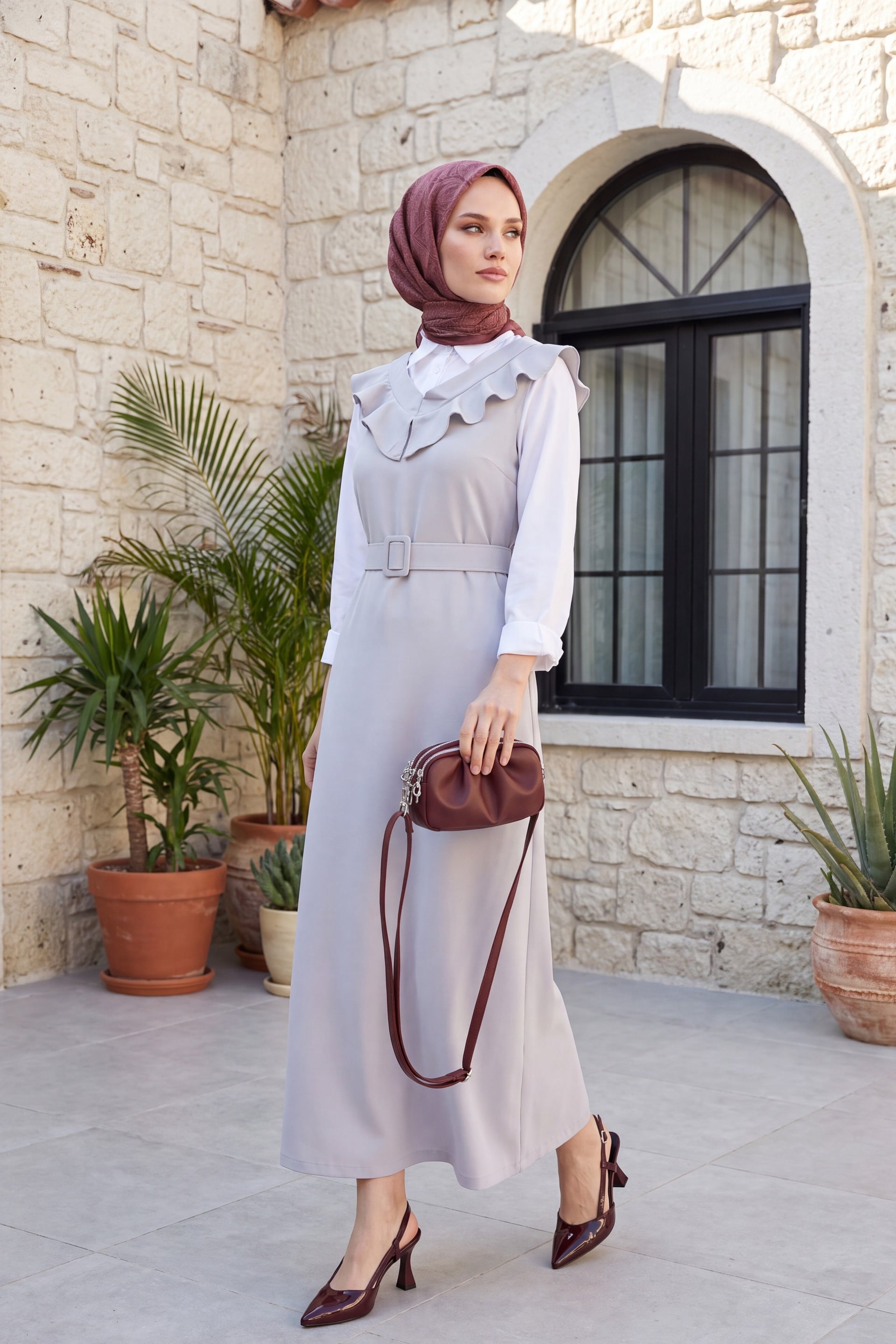Women's V-Neck Belted Long Jile Dress with Ruffled Collar - Grey - Podyumplus - by Peralane - photo 5