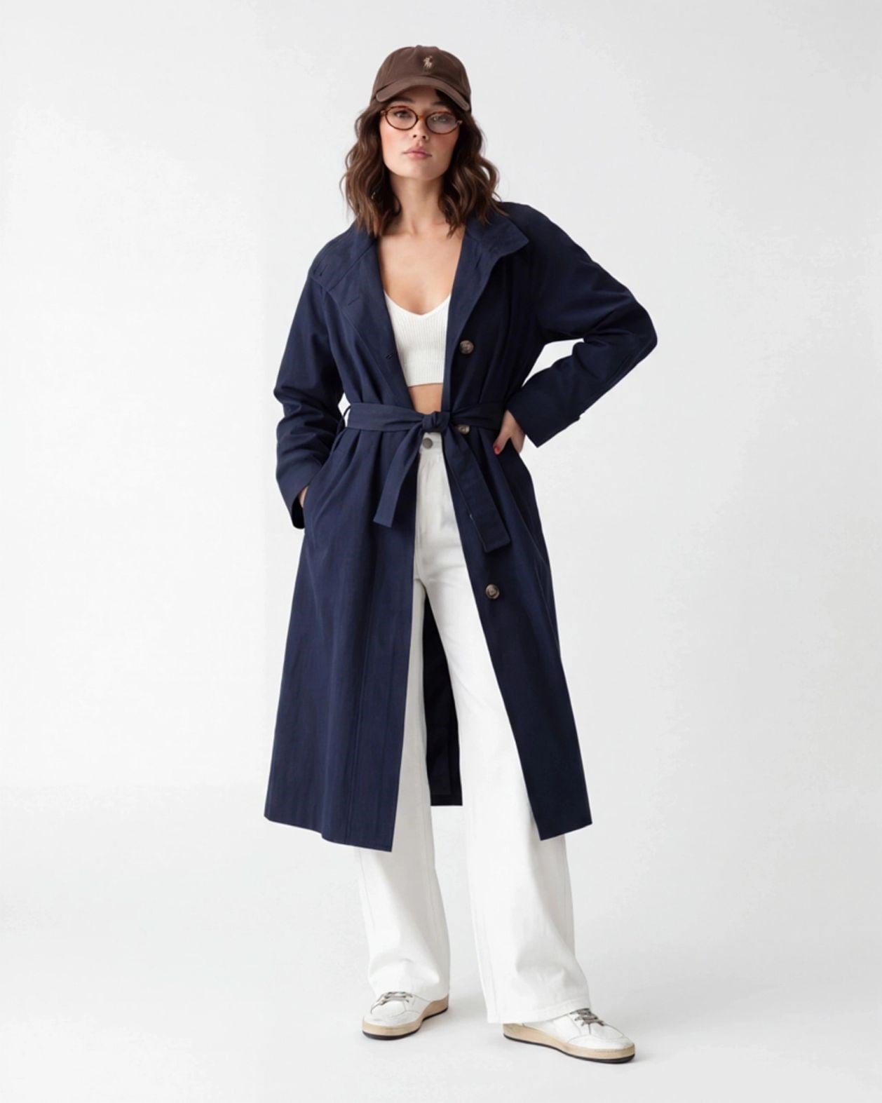 Navy Blue Women's Trench Coat with Belt - Fame - by Peralane - photo 4