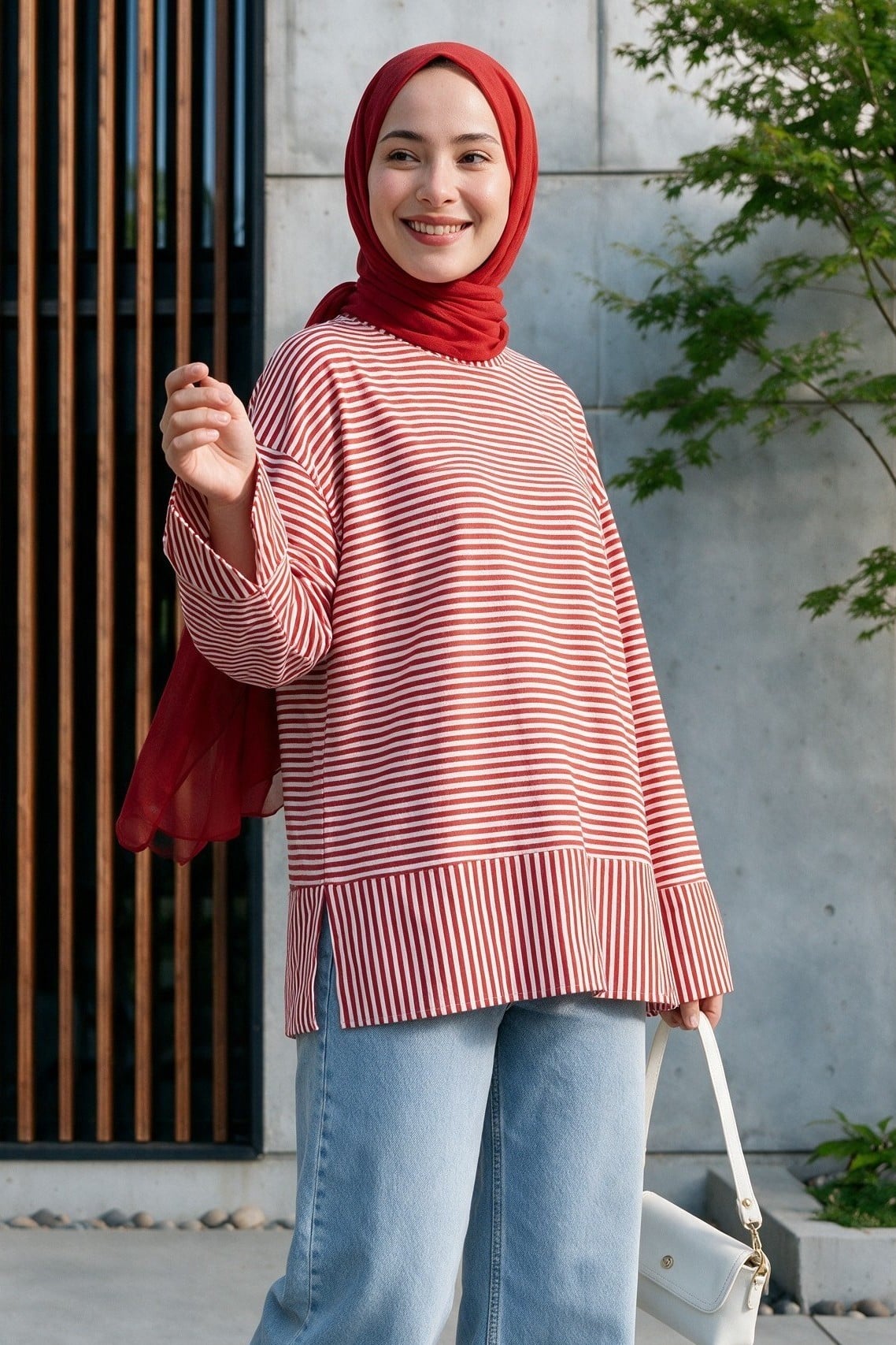 Red Striped Viscose Sweatshirt with Crew Neck and Side Slits - Podyumplus - by Peralane - photo 4