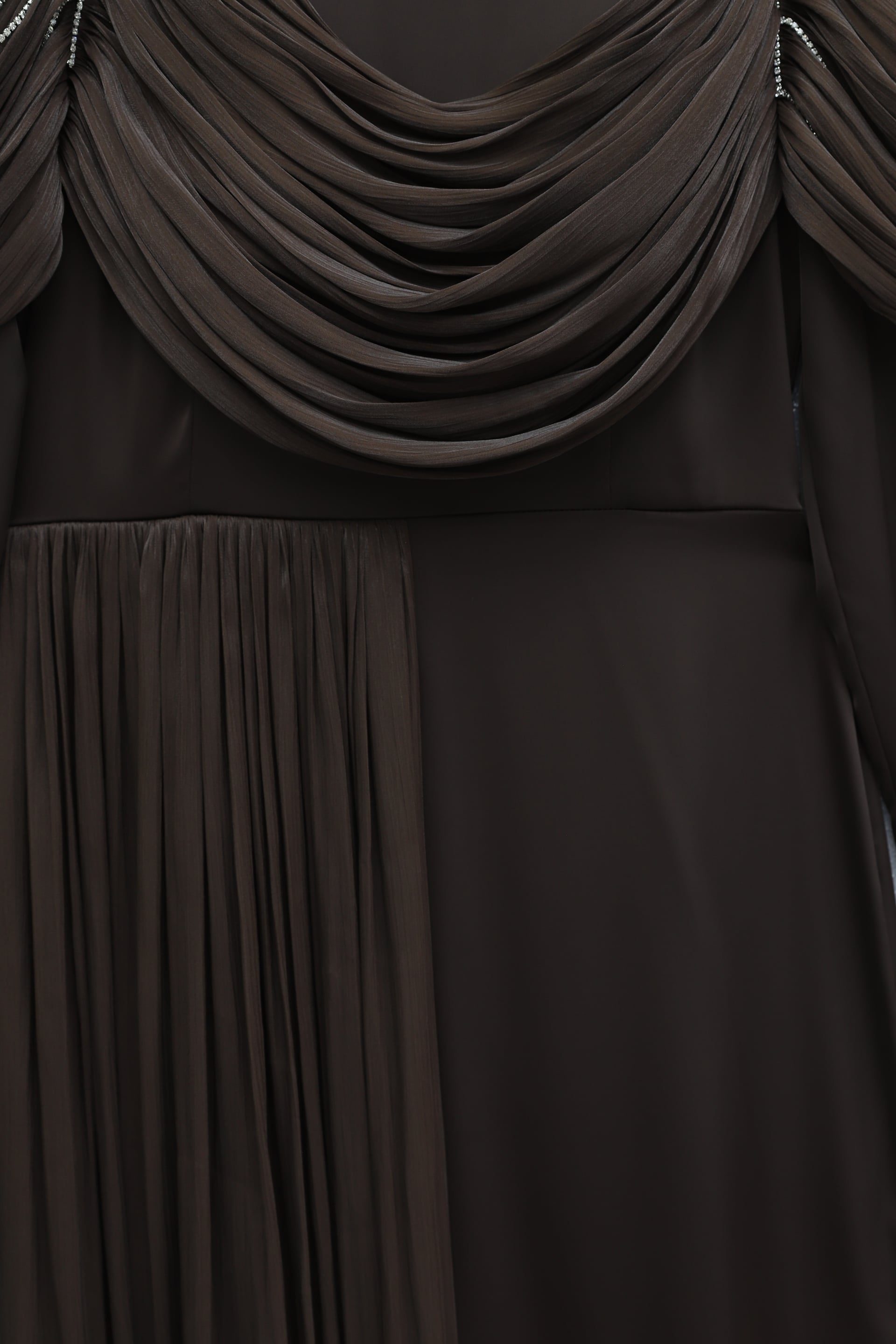 Elegant Brown Satin Evening Dress with Stone-Embellished Shoulders and Chiffon Overlay - Podyumplus - by Peralane - photo 4