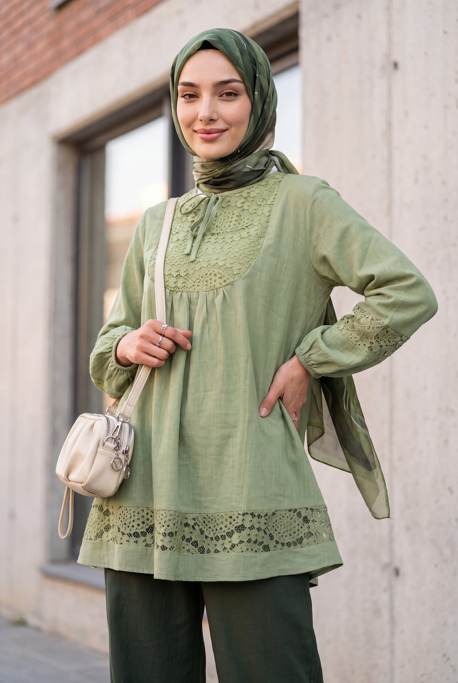 Lace Detail Tie Neck Long Sleeve Tunic - Light Green - Podyumplus - by Peralane