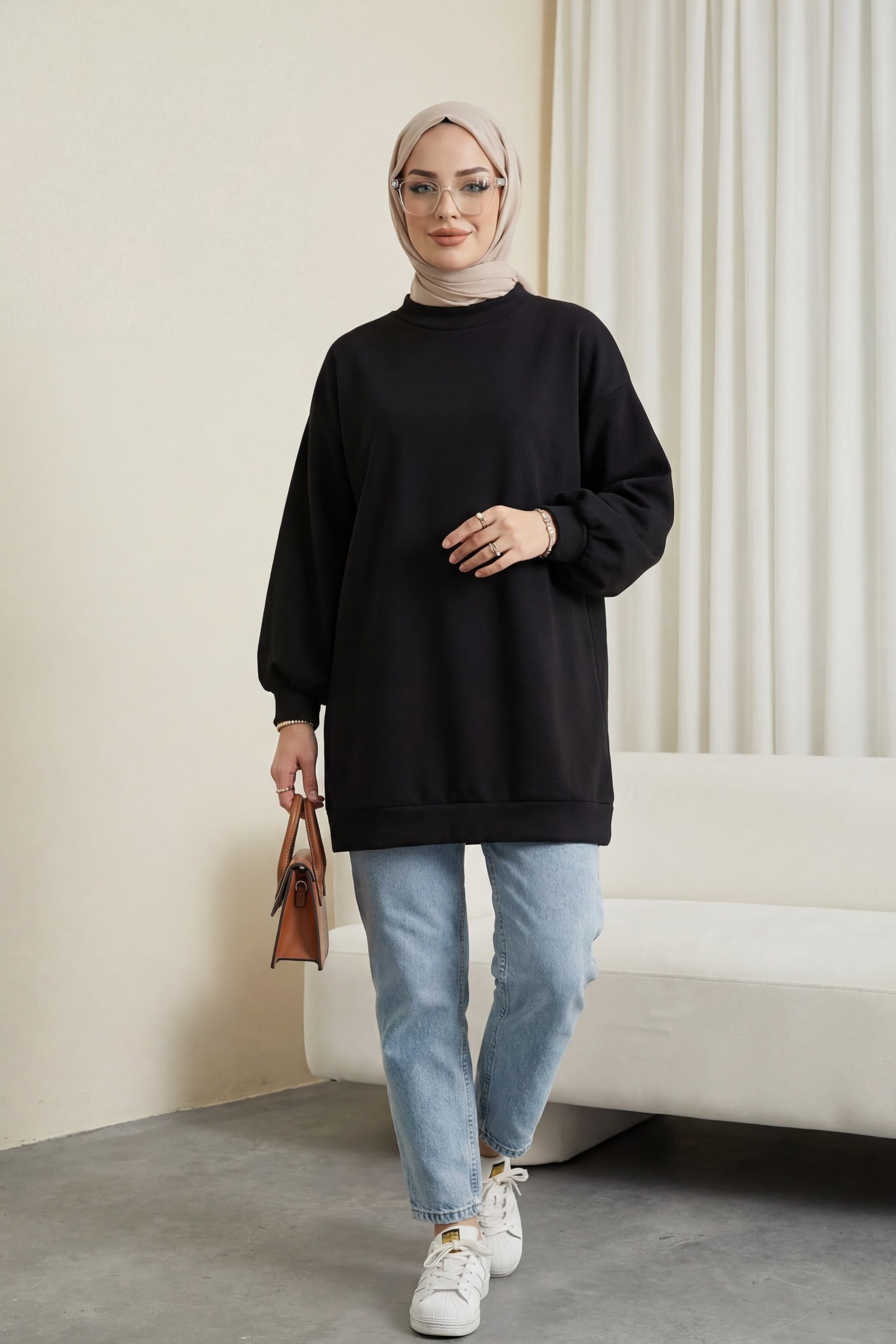 Black Three-Thread Fleece Sweatshirt with Balloon Sleeves and Stand Collar - Podyumplus - by Peralane - photo 2