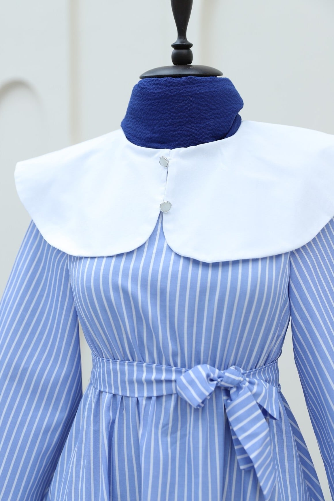 Blue Striped Peter Pan Collar Long Dress with Tie Belt - Podyumplus - by Peralane - photo 4