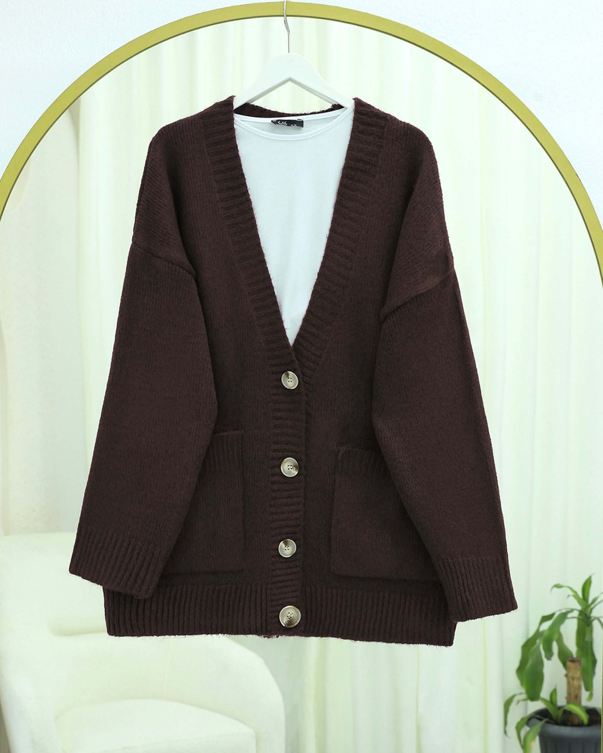 Button-Front Double-Pocket Relaxed Knit Cardigan - Dark Brown - Podyumplus - by Peralane - photo 5
