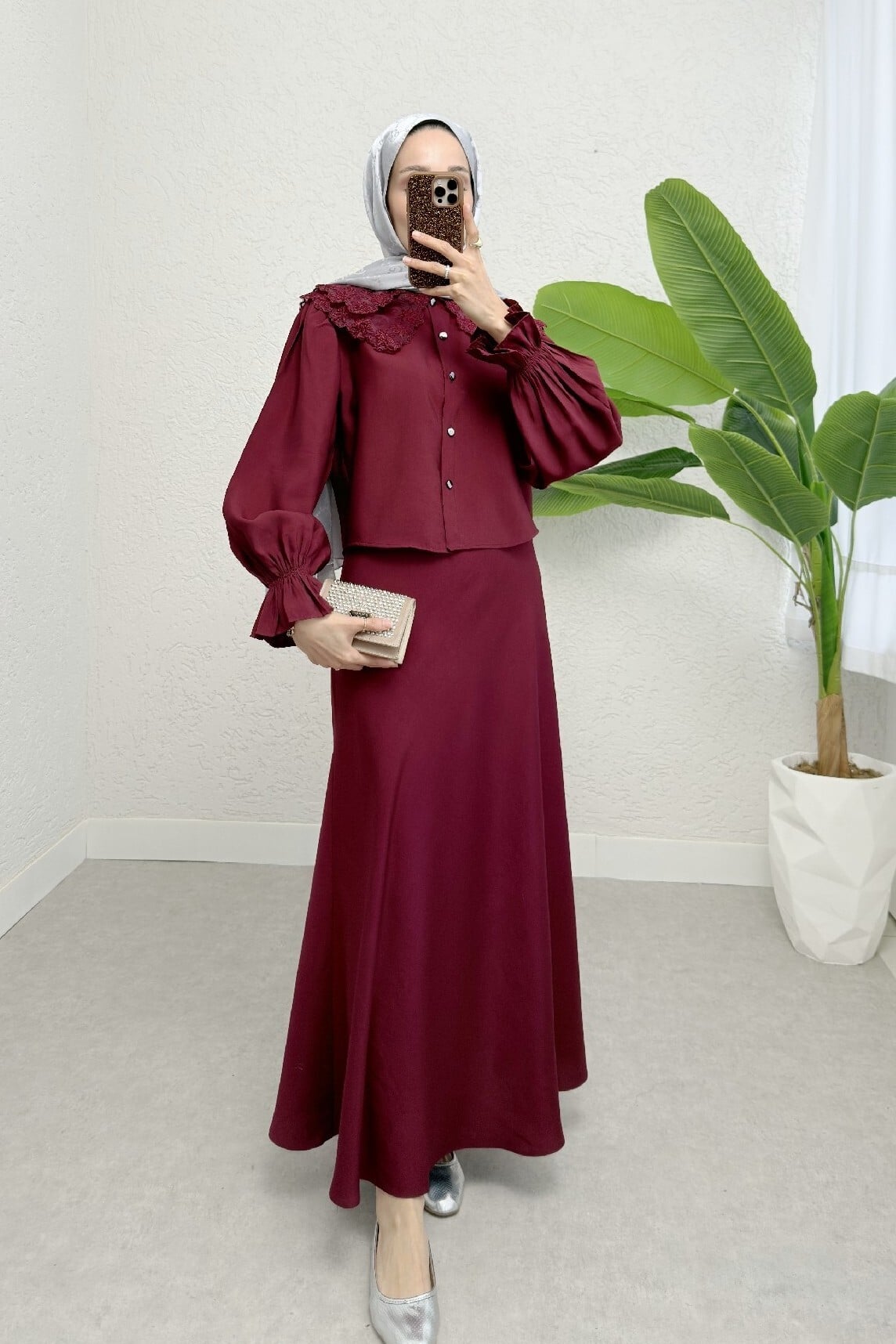 Peter Pan Collar Frilled Blouse with Elasticated Sleeves and Flared Skirt Set - Burgundy - Podyumplus - by Peralane - photo 3