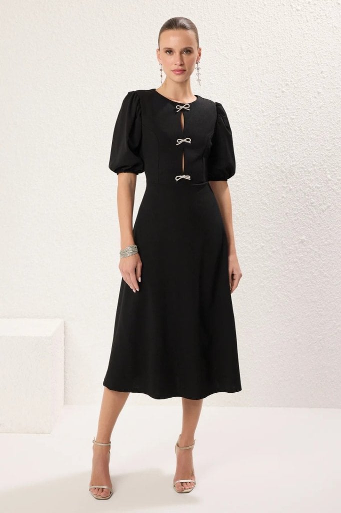 Women's Short-Sleeve Drop Bow Detail Crepe Midi Dress - Janes - by Peralane