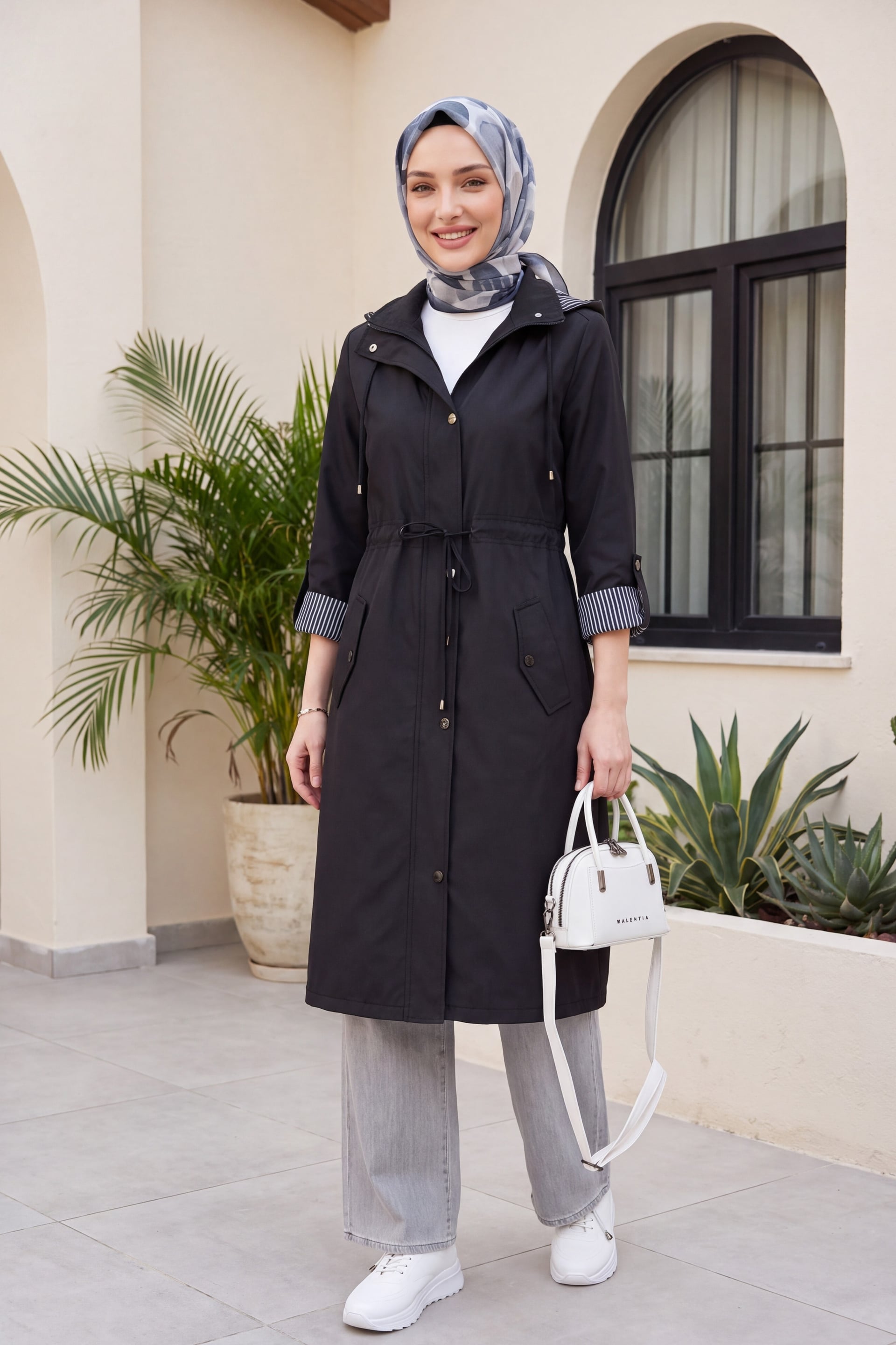 Black Hooded Trench Coat with Striped Lining - Podyumplus - by Peralane - photo 2