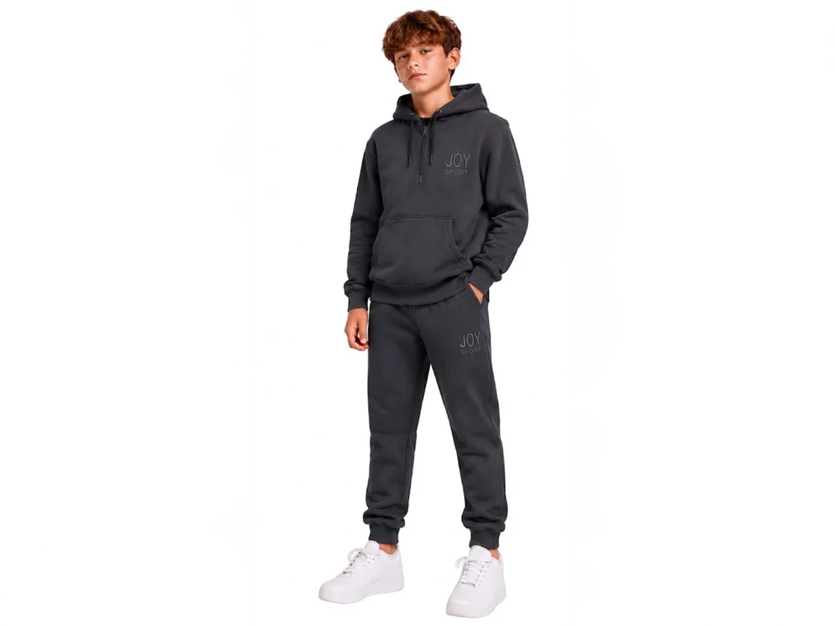 Boys' Hooded Tracksuit Set with Joy Print - Dark Grey - Koska - by Peralane