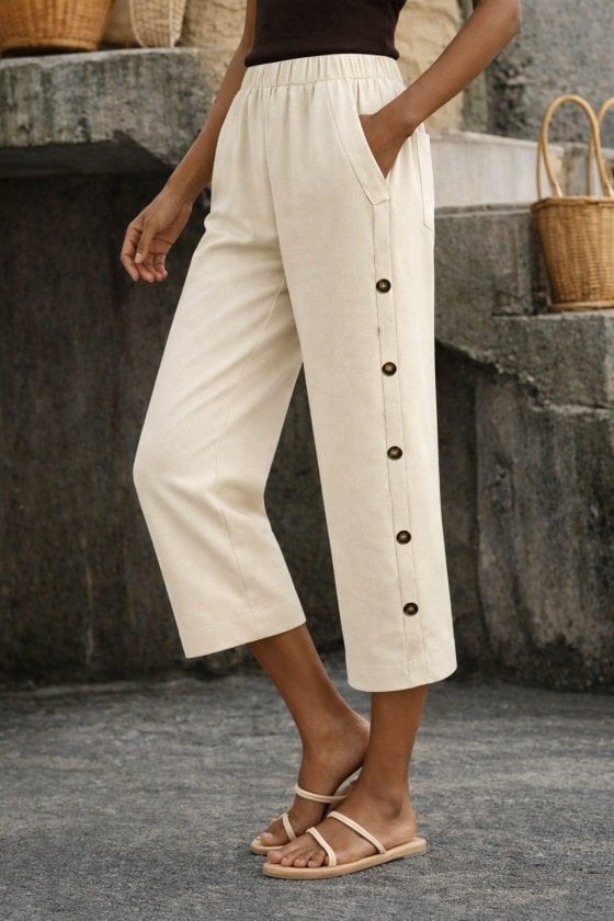 Women's High-Waist Elasticated Side-Button Detail Midi Trousers - Janes - by Peralane - photo 2