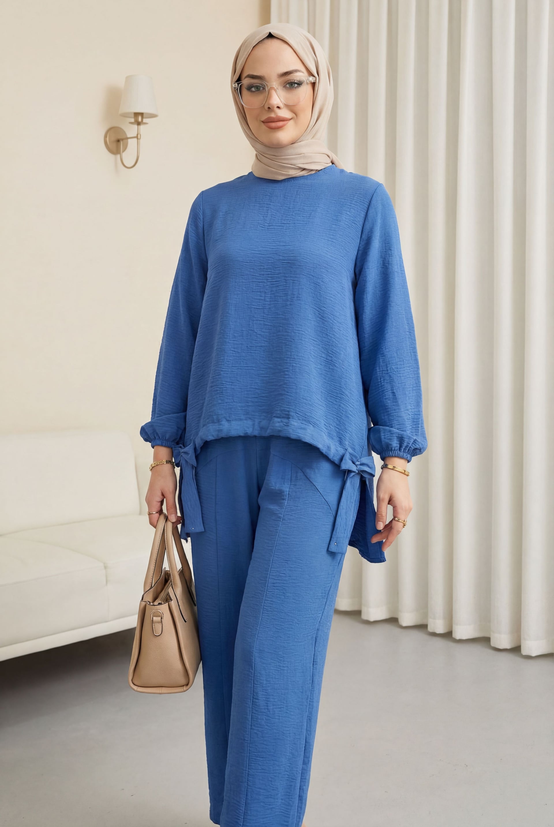 Indigo Drawstring Front Two-Piece Modest Set with Top and Trousers - Podyumplus - by Peralane - photo 5