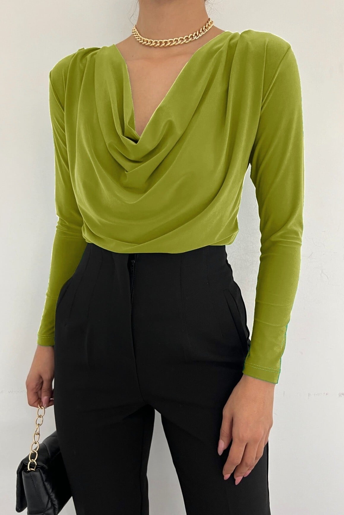Lime Green Draped Cowl Neck Blouse - Podyumplus - by Peralane