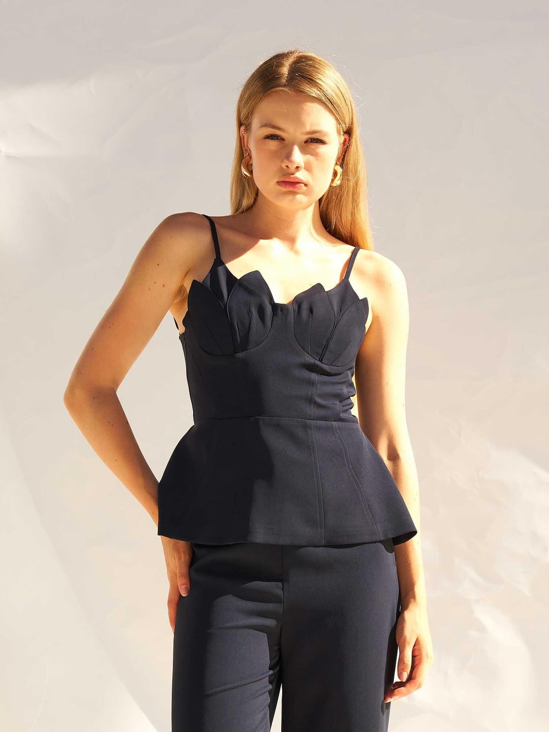Dark Navy Scalloped Sweetheart Neckline Peplum Top with Spaghetti Straps - Lefon - by Peralane