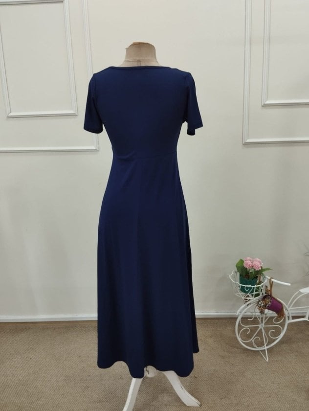 Women's Navy Blue Short Sleeve Asymmetric Neckline Button Detail Midi Viscose Dress - Janes - by Peralane - photo 6