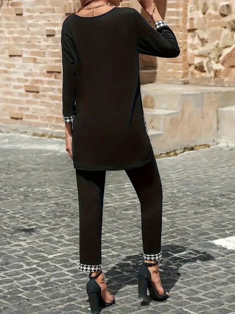 Women's Long-Sleeve Round Neck Houndstooth Trim Viscose Two-Piece Set - Janes - by Peralane - photo 3