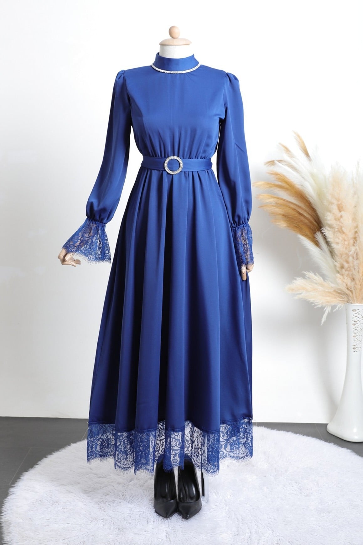 Lace Trim Sleeve and Hem Belted Dress - Royal Blue - Podyumplus - by Peralane