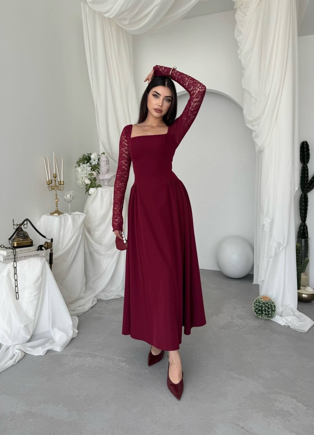 Kukale Midi Dress in Deep Red with Lace Sleeves - Etika - by Peralane - photo 8