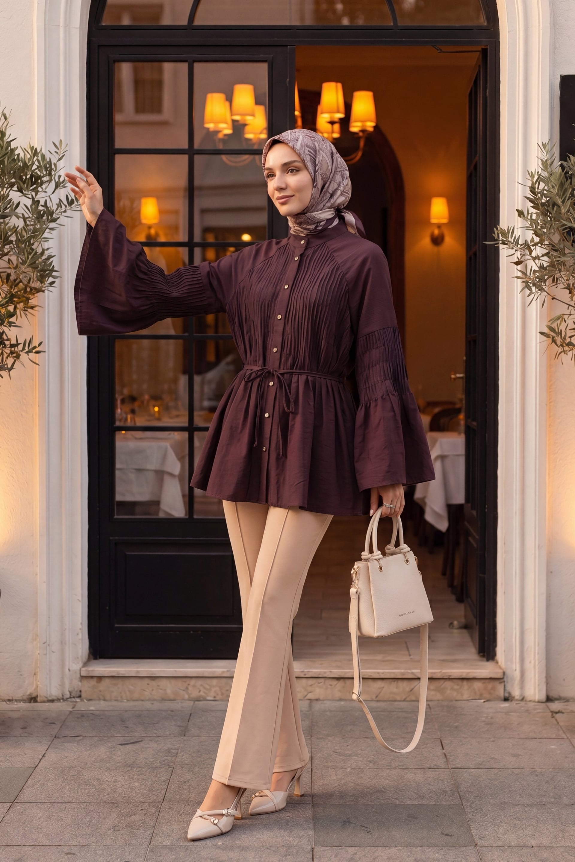 High-Waisted Flared Trousers with Belt and Elastic Waist - Stone - Podyumplus - by Peralane - photo 2
